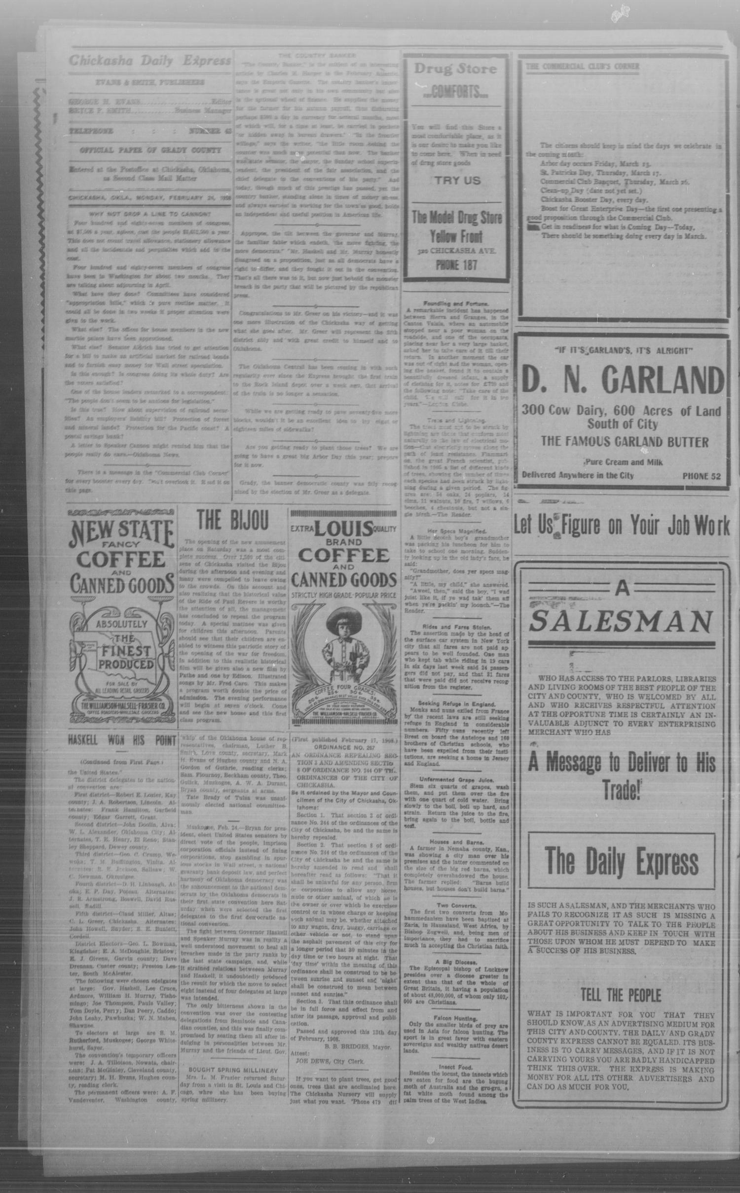 Chickasha Daily Express. (Chickasha, Okla.), Vol. 9, No. 46, Ed. 1 Monday, February 24, 1908
                                                
                                                    [Sequence #]: 4 of 8
                                                