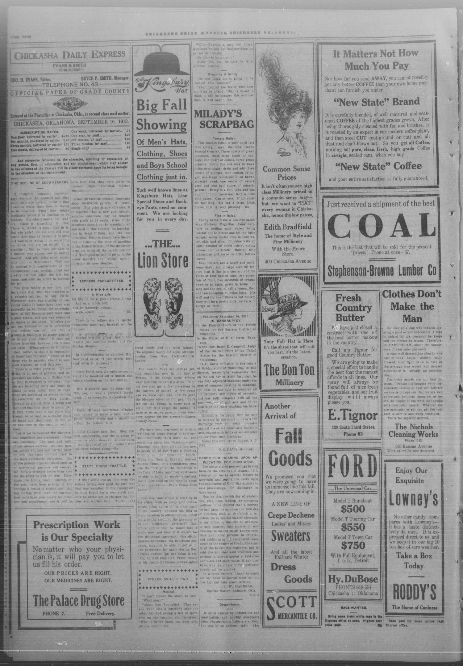Chickasha Daily Express. (Chickasha, Okla.), Vol. FOURTEEN, No. 216, Ed. 1 Wednesday, September 10, 1913
                                                
                                                    [Sequence #]: 4 of 8
                                                