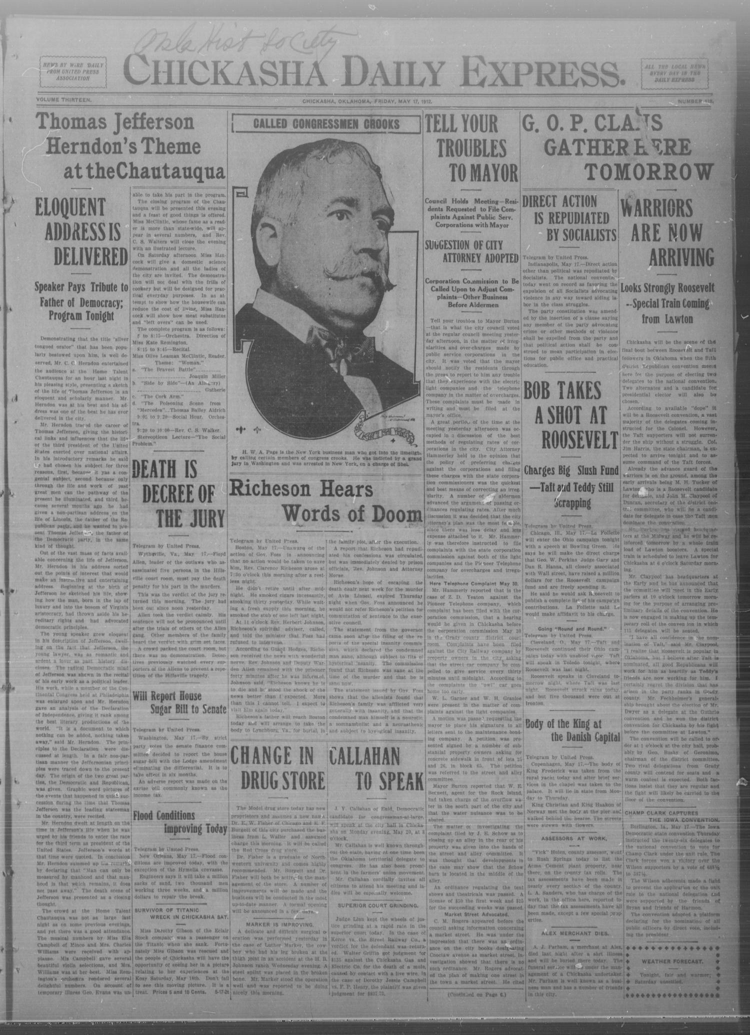 Chickasha Daily Express. (Chickasha, Okla.), Vol. THIRTEEN, No. 119, Ed. 1 Friday, May 17, 1912
                                                
                                                    [Sequence #]: 1 of 8
                                                