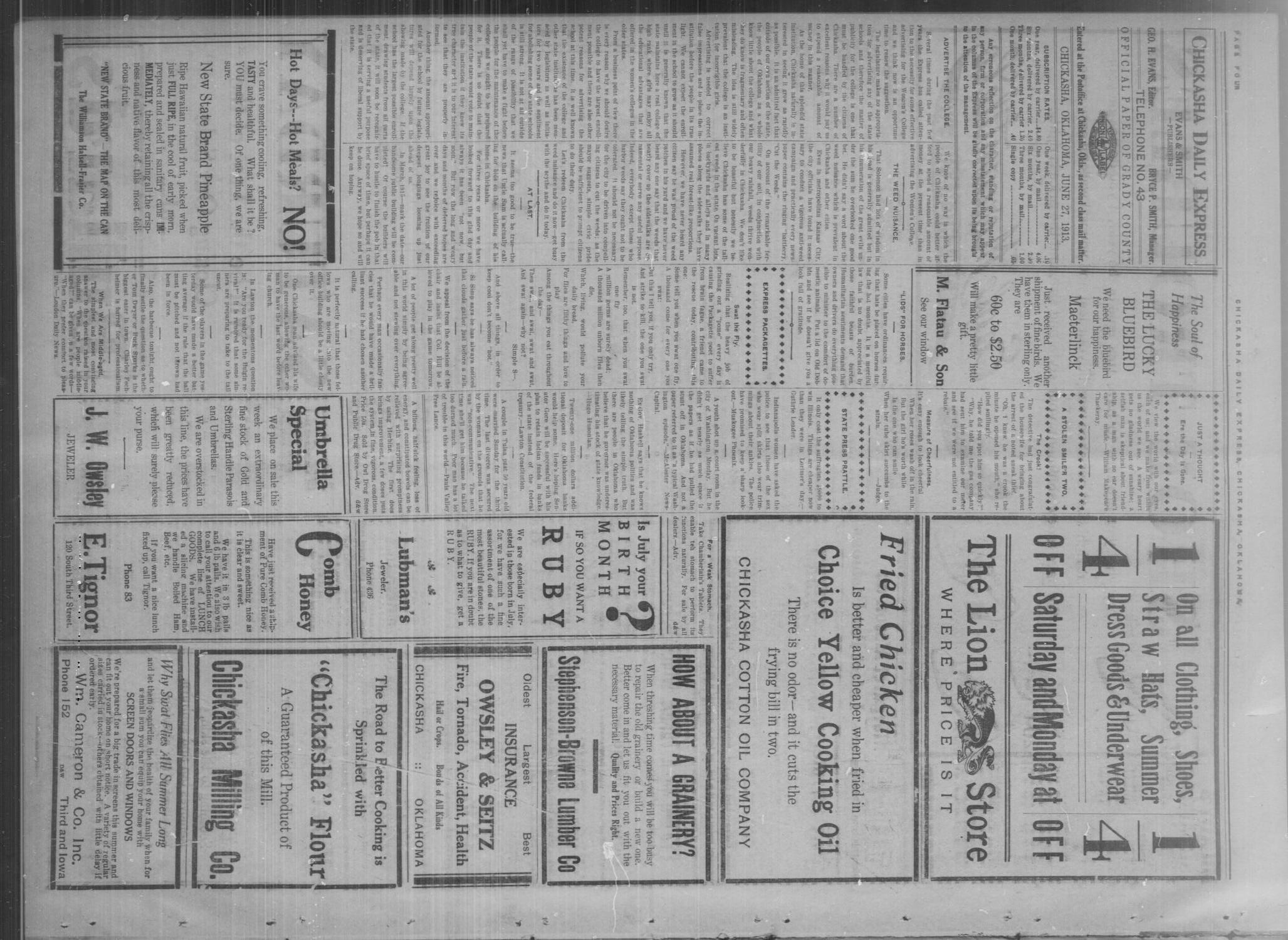Chickasha Daily Express. (Chickasha, Okla.), Vol. FOURTEEN, No. 154, Ed. 1 Friday, June 27, 1913
                                                
                                                    [Sequence #]: 4 of 10
                                                