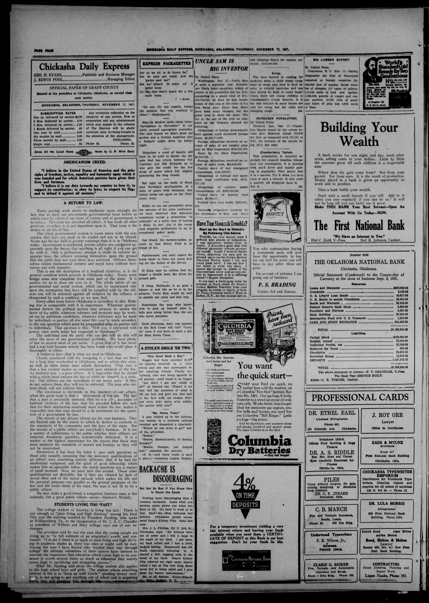 Chickasha Daily Express (Chickasha, Okla.), Vol. 22, No. 182, Ed. 1 Thursday, November 17, 1921
                                                
                                                    [Sequence #]: 4 of 8
                                                