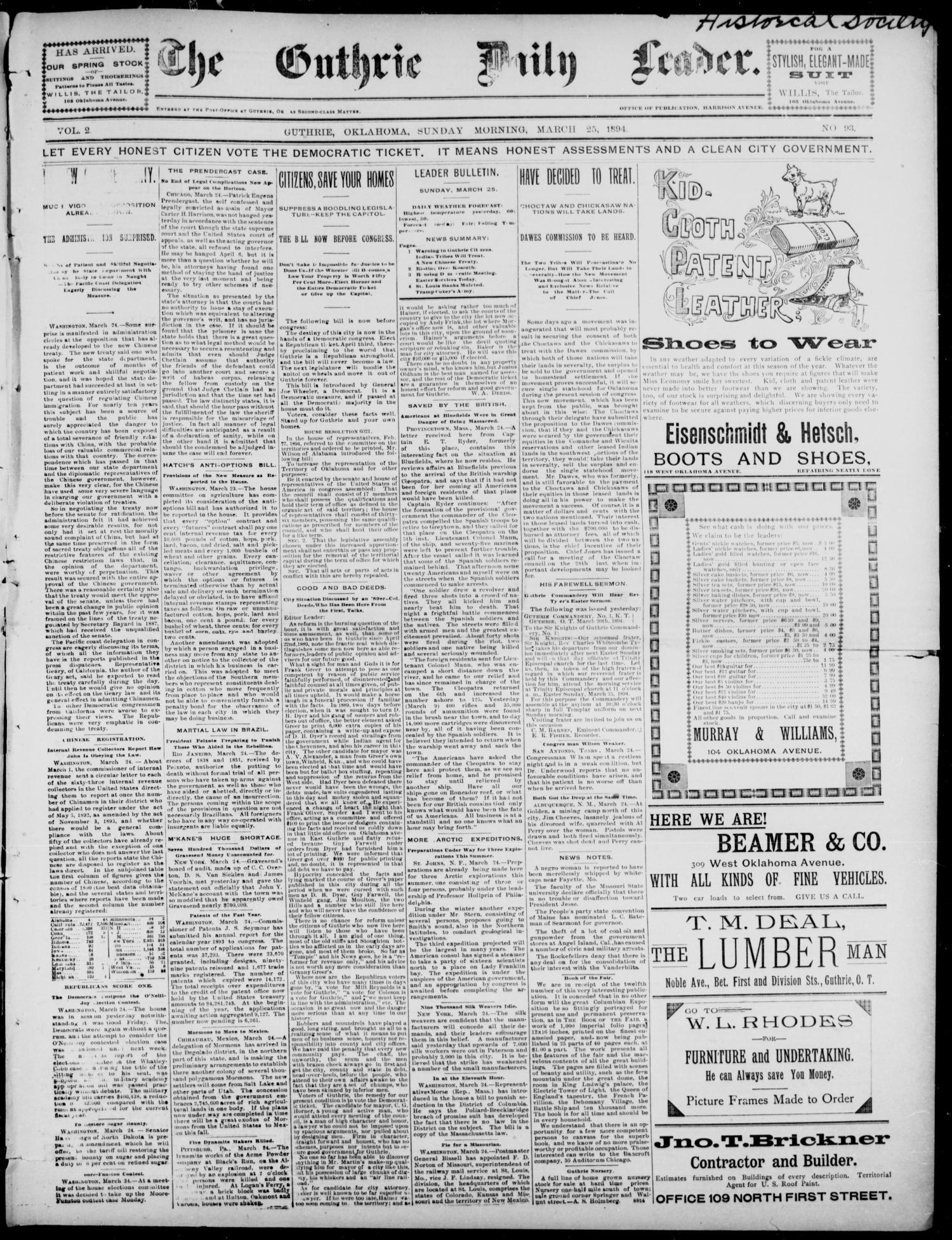 The Guthrie Daily Leader. (Guthrie, Okla.), Vol. 2, No. 93, Ed. 1, Sunday, March 25, 1894
                                                
                                                    [Sequence #]: 1 of 4
                                                