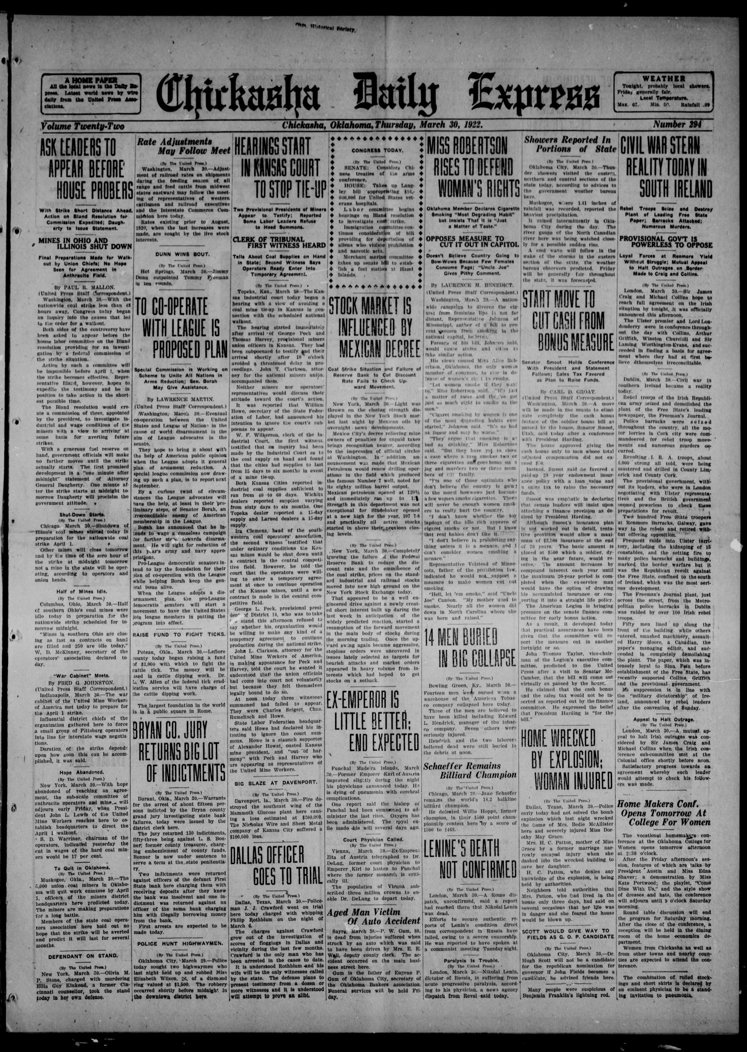Chickasha Daily Express (Chickasha, Okla.), Vol. 22, No. 294, Ed. 1 Thursday, March 30, 1922
                                                
                                                    [Sequence #]: 1 of 12
                                                