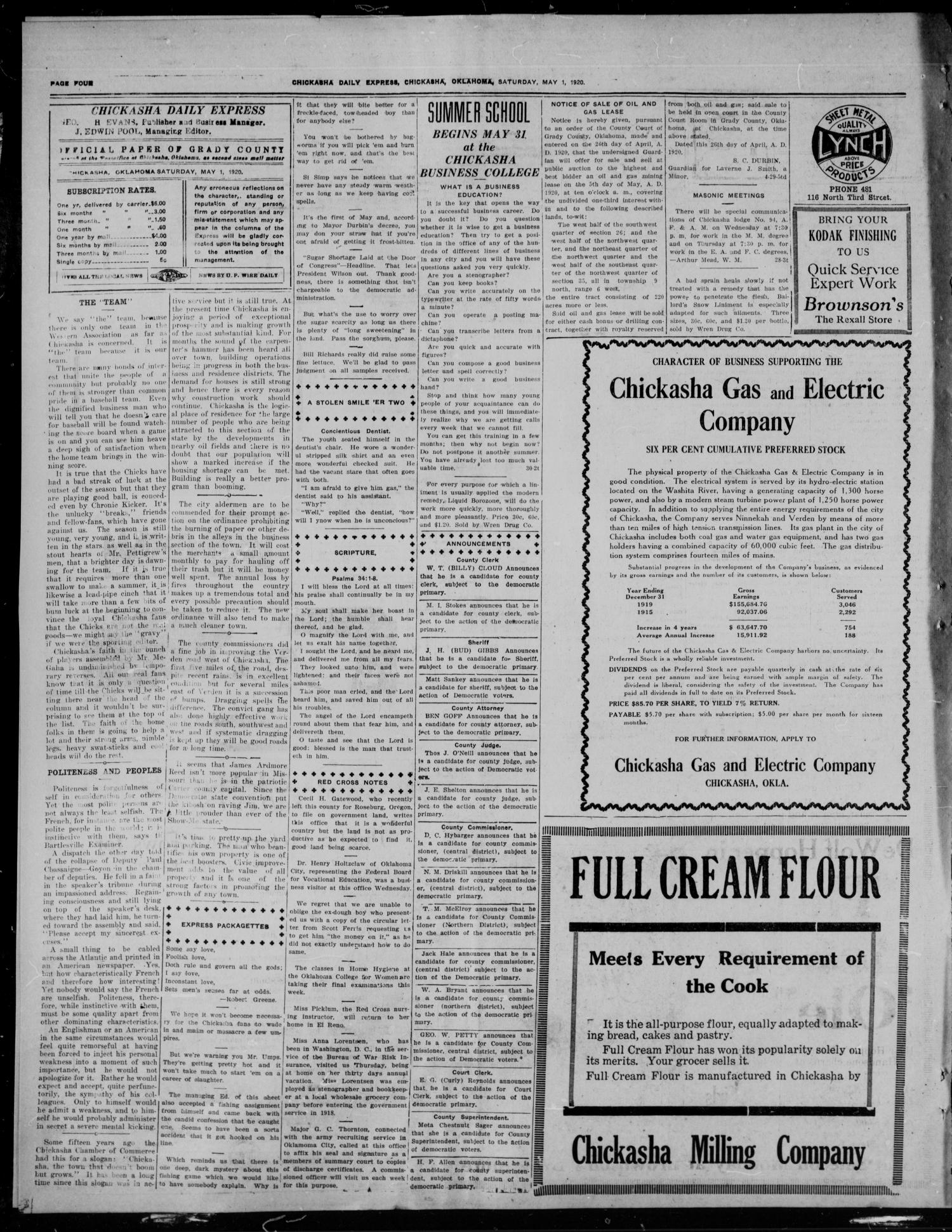 Chickasha Daily Express (Chickasha, Okla.), Vol. 21, No. 105, Ed. 1 Saturday, May 1, 1920
                                                
                                                    [Sequence #]: 4 of 8
                                                