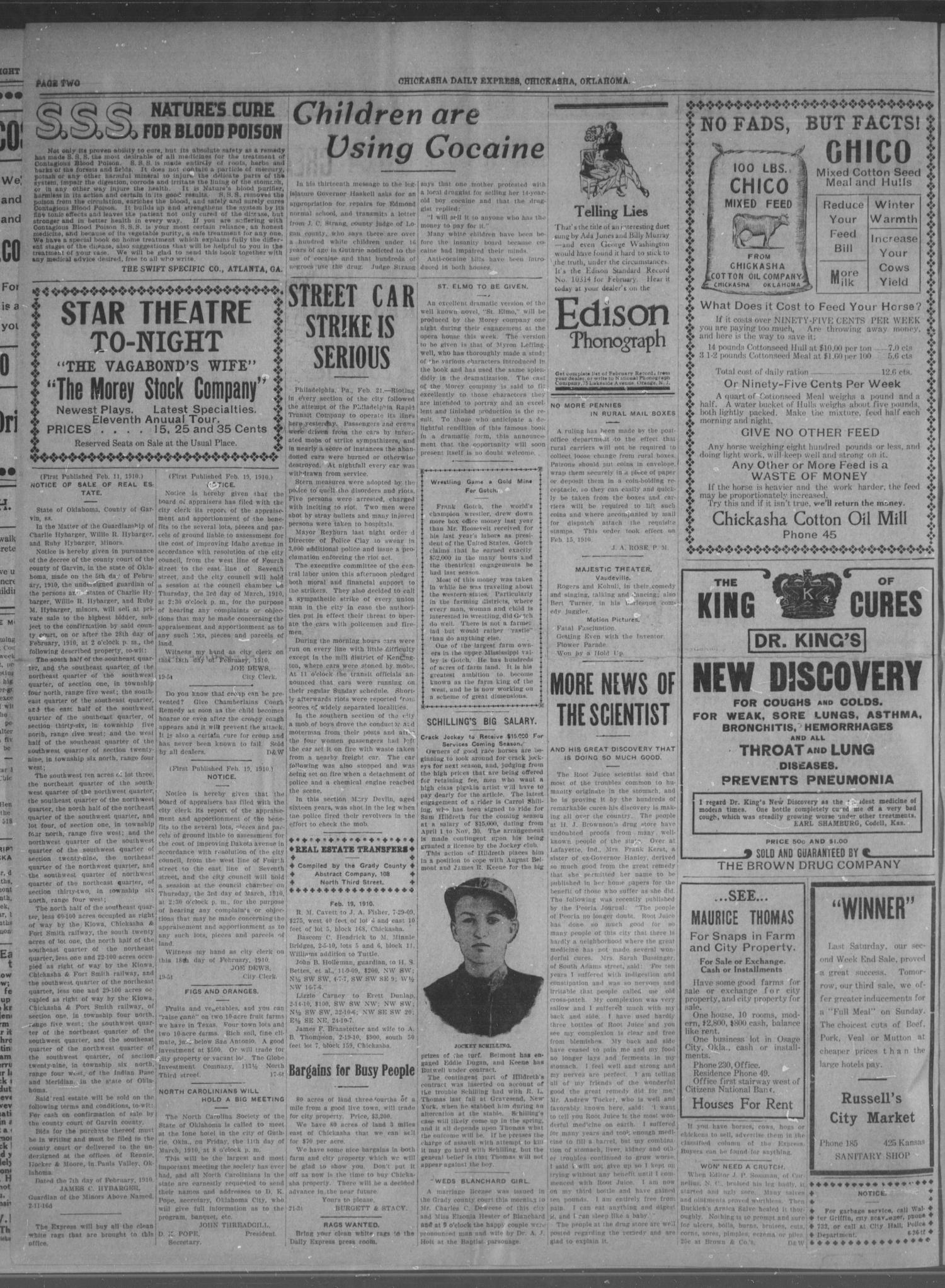 Chickasha Daily Express. (Chickasha, Okla.), Vol. 11, No. 44, Ed. 1 Monday, February 21, 1910
                                                
                                                    [Sequence #]: 2 of 6
                                                