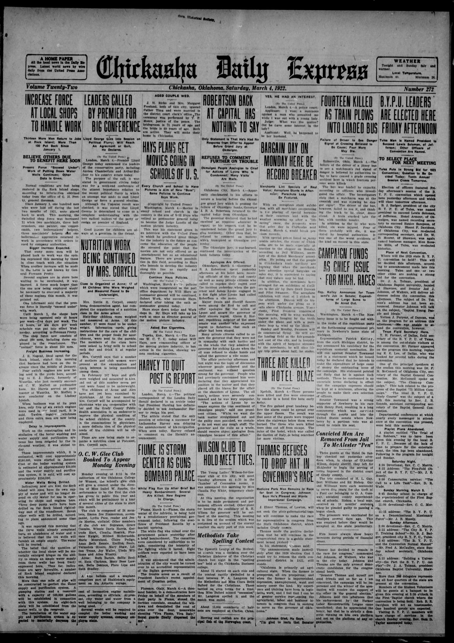 Chickasha Daily Express (Chickasha, Okla.), Vol. 22, No. 272, Ed. 1 Saturday, March 4, 1922
                                                
                                                    [Sequence #]: 1 of 8
                                                