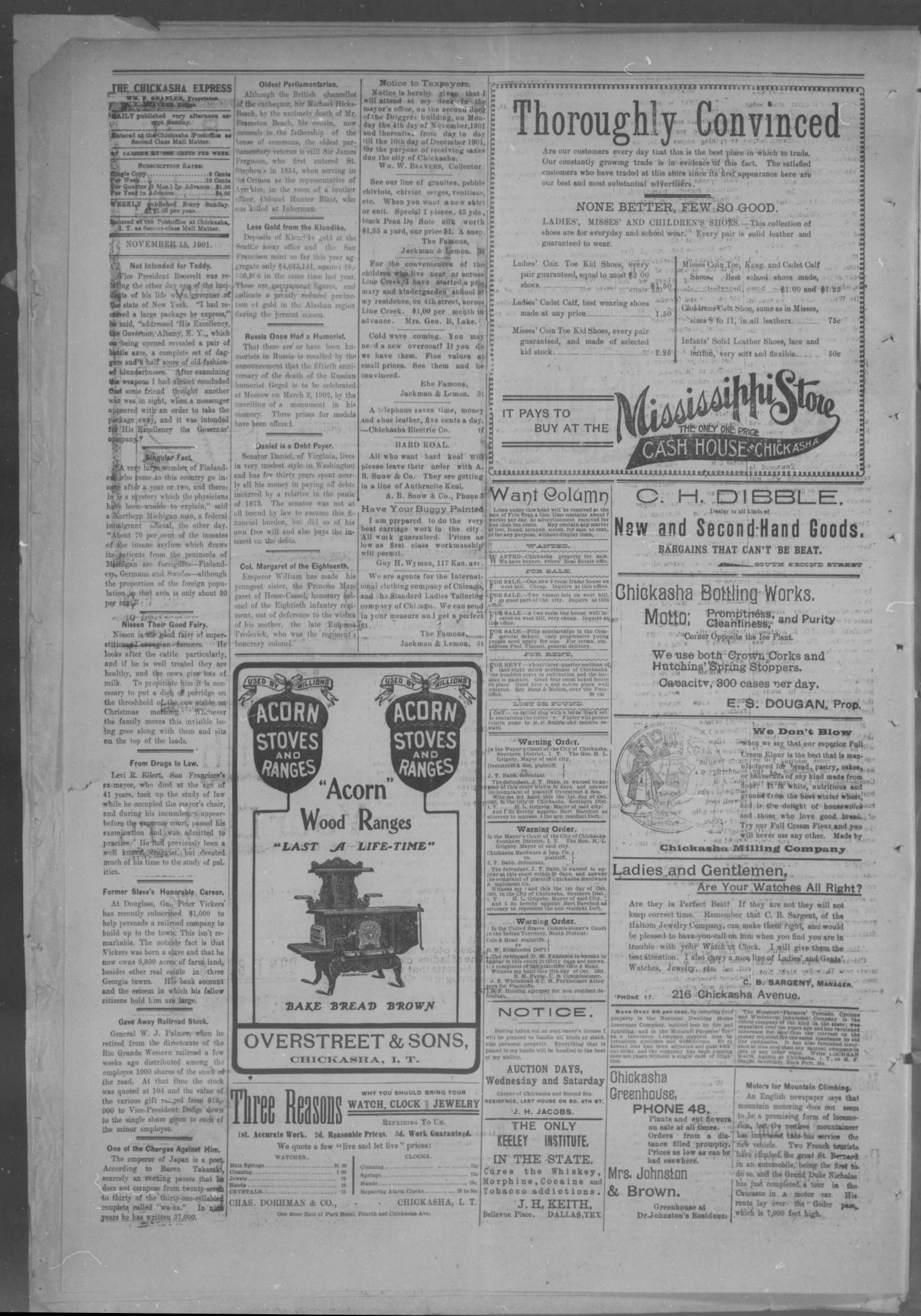 The Chickasha Daily Express. (Chickasha, Indian Terr.), Vol. 2, No. 291, Ed. 1 Friday, November 15, 1901
                                                
                                                    [Sequence #]: 4 of 8
                                                
