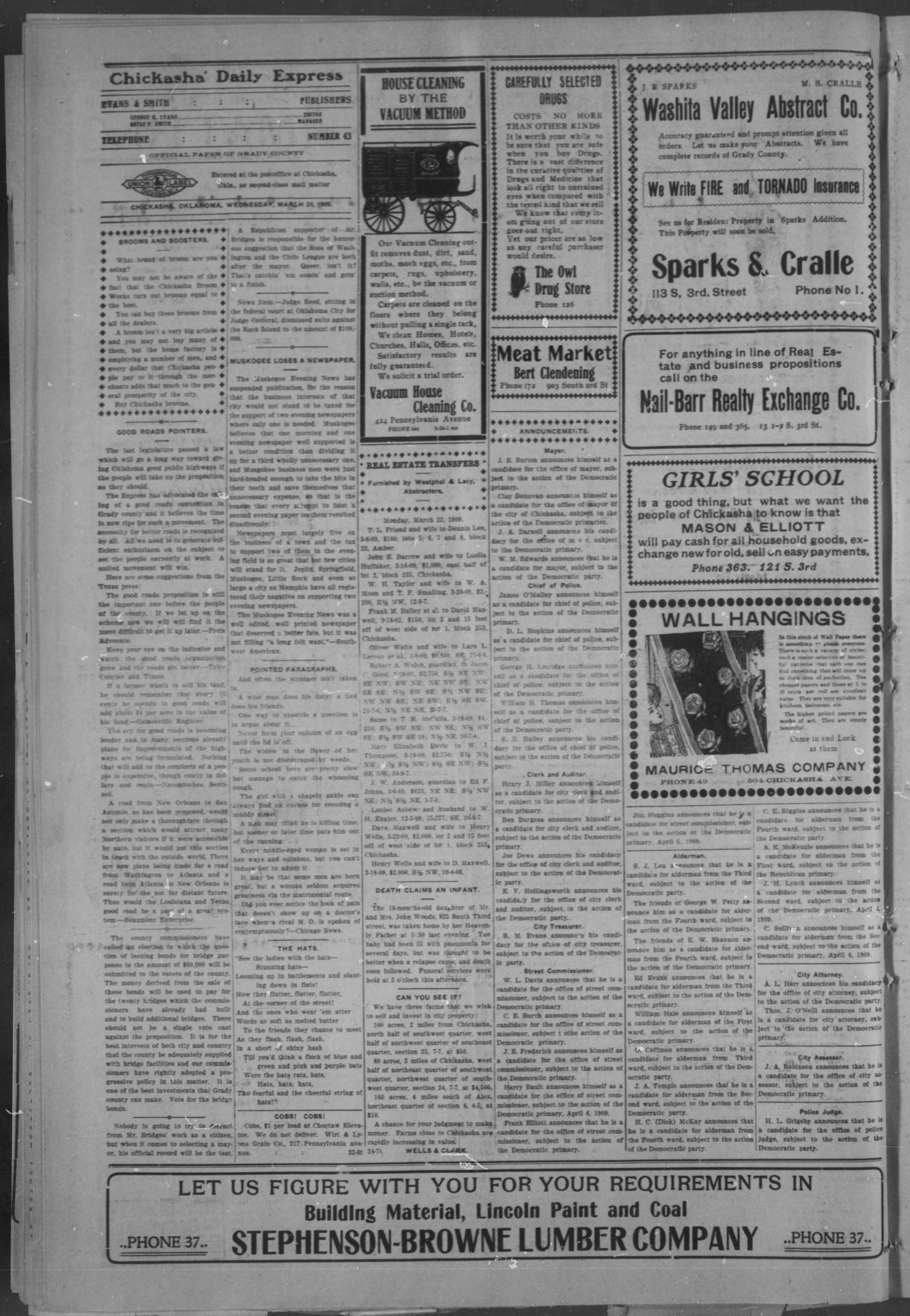 Chickasha Daily Express. (Chickasha, Okla.), Vol. 10, No. 71, Ed. 1 Wednesday, March 24, 1909
                                                
                                                    [Sequence #]: 4 of 8
                                                