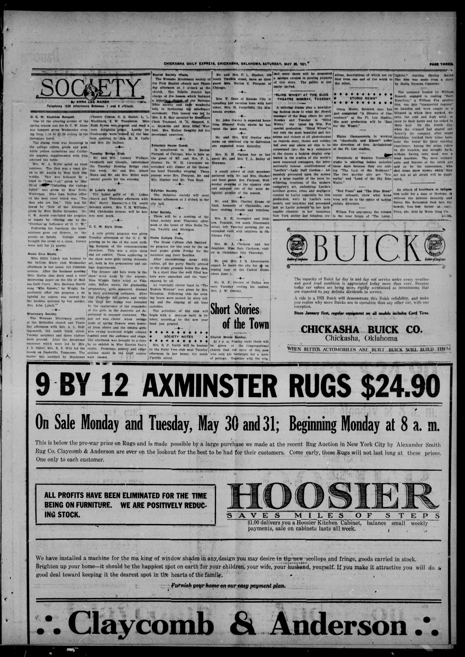 Chickasha Daily Express (Chickasha, Okla.), Vol. 22, No. 127, Ed. 1 Saturday, May 28, 1921
                                                
                                                    [Sequence #]: 3 of 8
                                                
