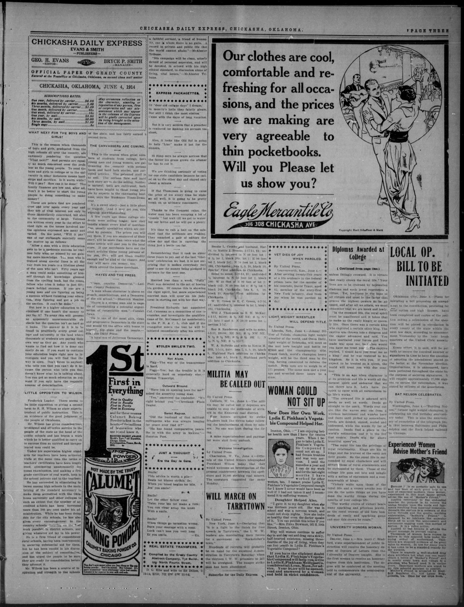 Chickasha Daily Express. (Chickasha, Okla.), Vol. FIFTEEN, No. 133, Ed. 1 Thursday, June 4, 1914
                                                
                                                    [Sequence #]: 3 of 6
                                                