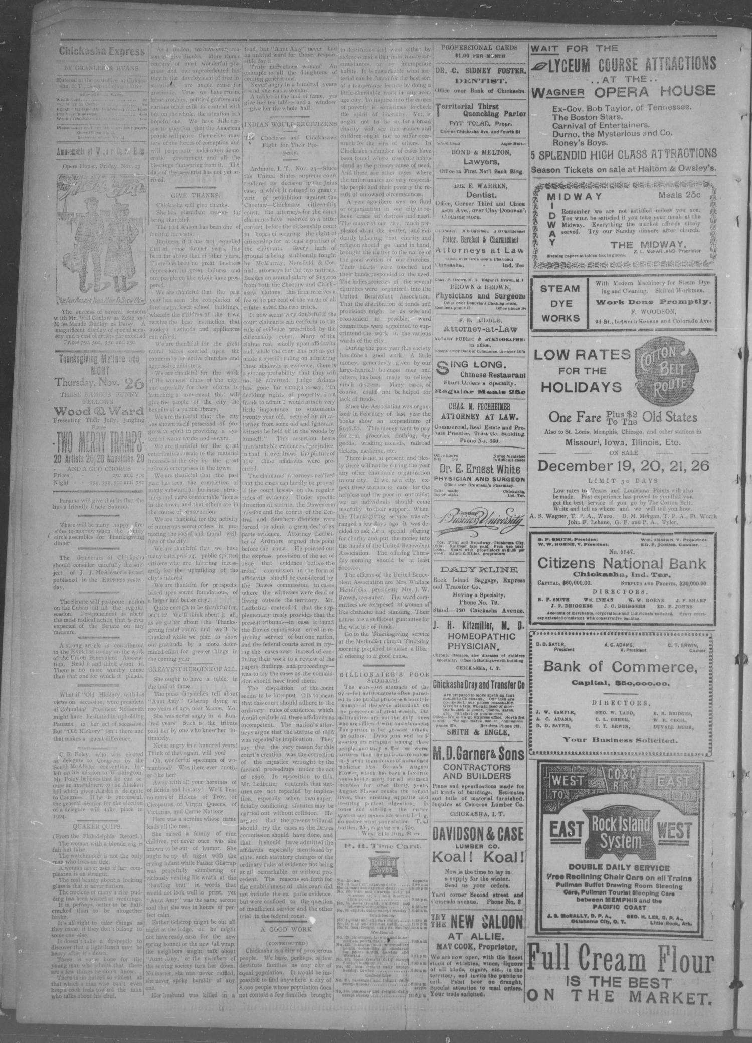 Chickasha Daily Express. (Chickasha, Indian Terr.), Vol. 12, No. 179, Ed. 1 Wednesday, November 25, 1903
                                                
                                                    [Sequence #]: 2 of 4
                                                