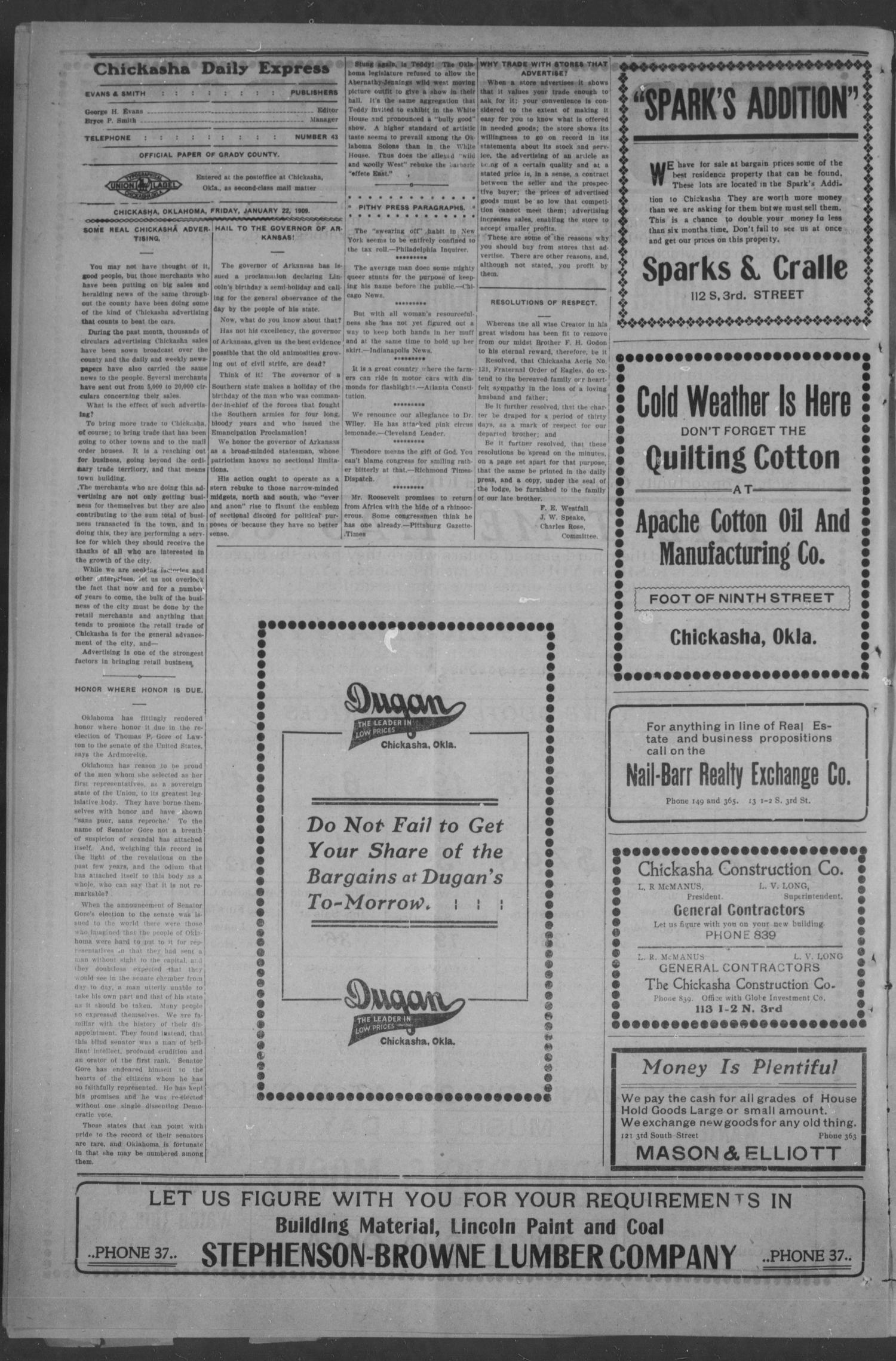Chickasha Daily Express. (Chickasha, Okla.), Vol. 10, No. 19, Ed. 1 Friday, January 22, 1909
                                                
                                                    [Sequence #]: 4 of 8
                                                