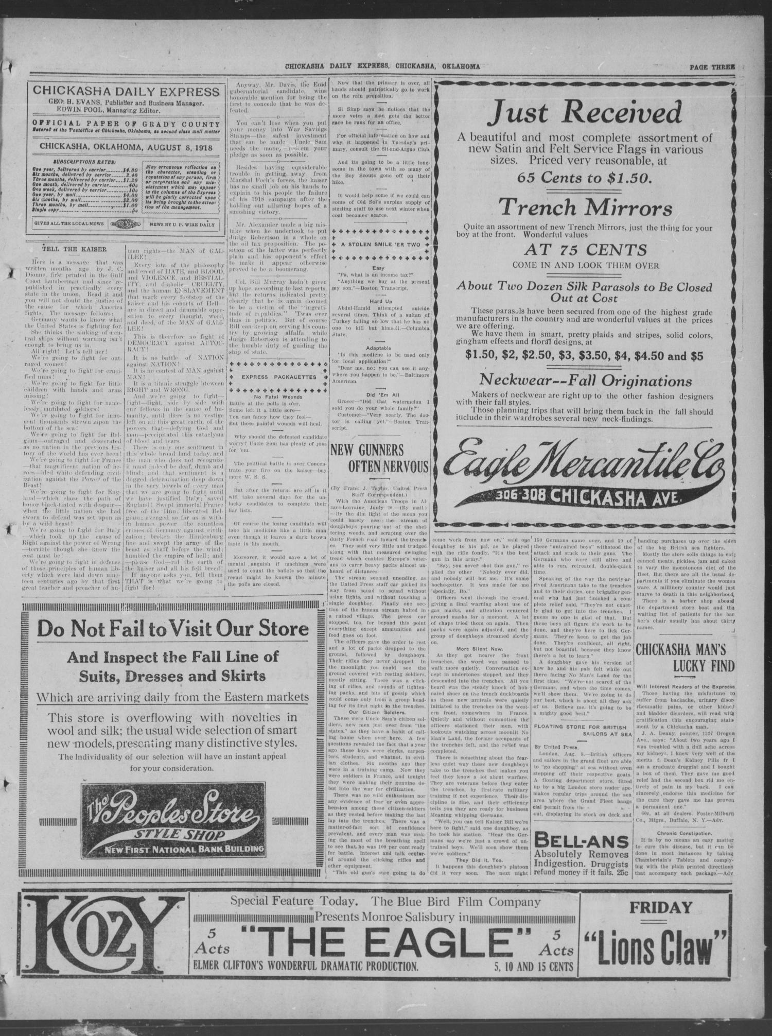 Chickasha Daily Express (Chickasha, Okla.), Vol. 19, No. 186, Ed. 1 Thursday, August 8, 1918
                                                
                                                    [Sequence #]: 3 of 6
                                                