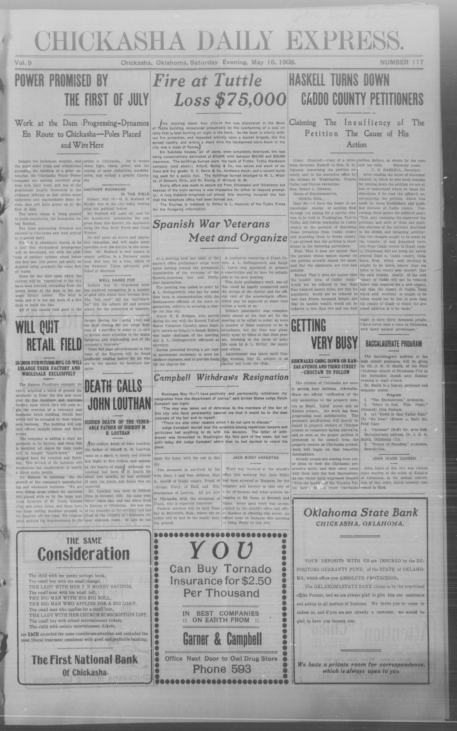Chickasha Daily Express. (Chickasha, Okla.), Vol. 9, No. 117, Ed. 1 Saturday, May 16, 1908
                                                
                                                    [Sequence #]: 1 of 8
                                                