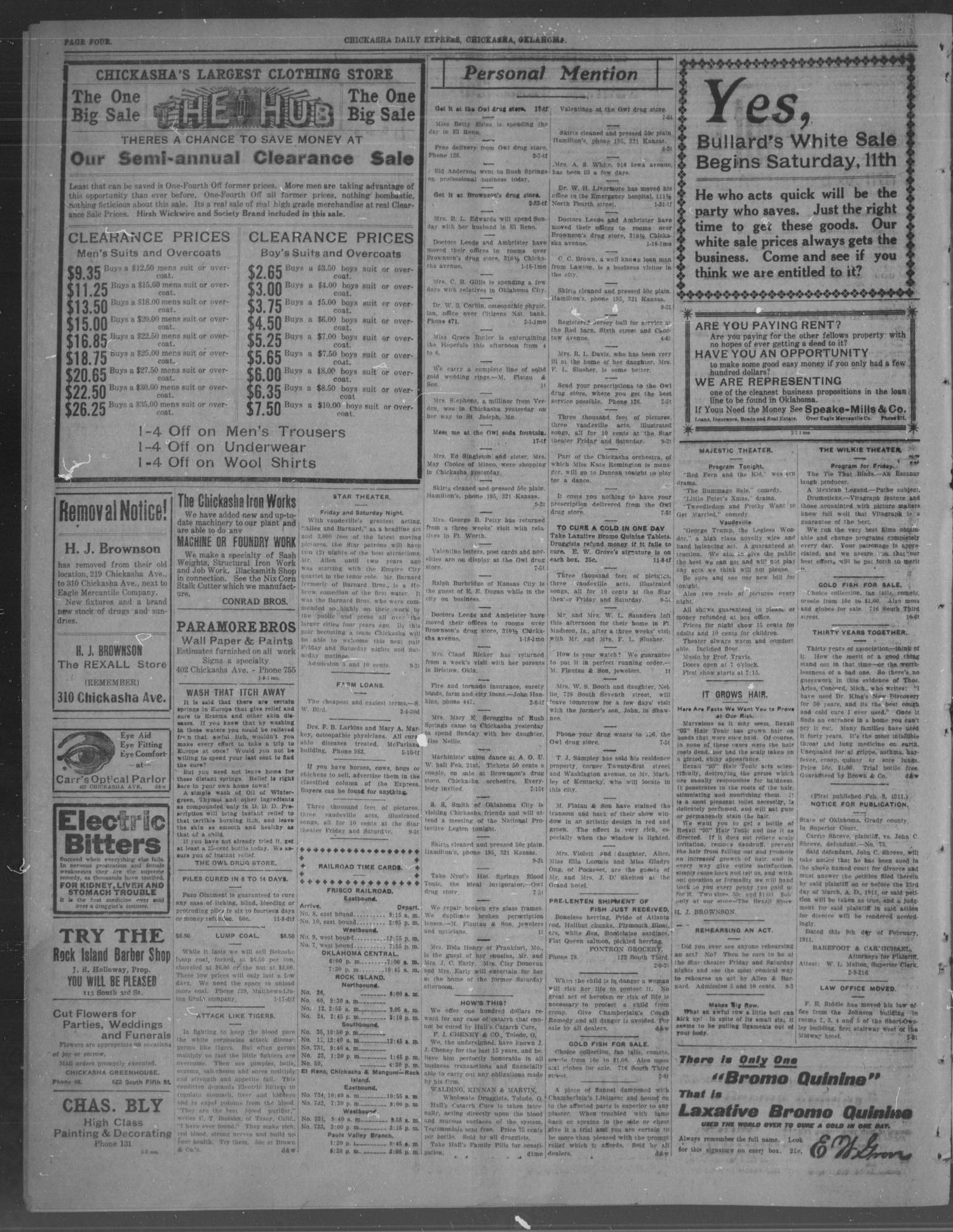 Chickasha Daily Express. (Chickasha, Okla.), Vol. 12, No. 35, Ed. 1 Friday, February 10, 1911
                                                
                                                    [Sequence #]: 4 of 6
                                                