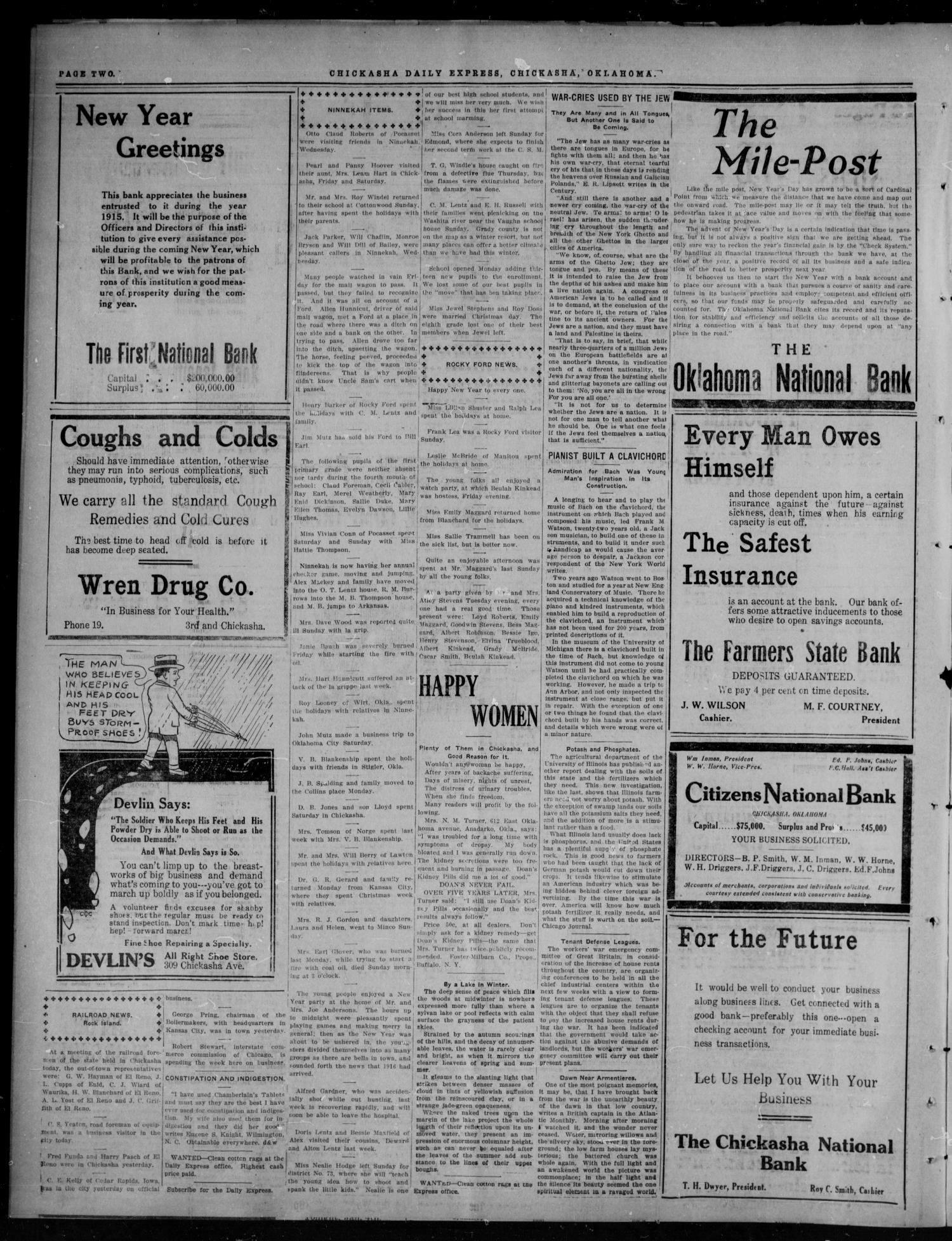 Chickasha Daily Express (Chickasha, Okla.), Vol. SEVENTEEN, No. 4, Ed. 1 Wednesday, January 5, 1916
                                                
                                                    [Sequence #]: 2 of 12
                                                