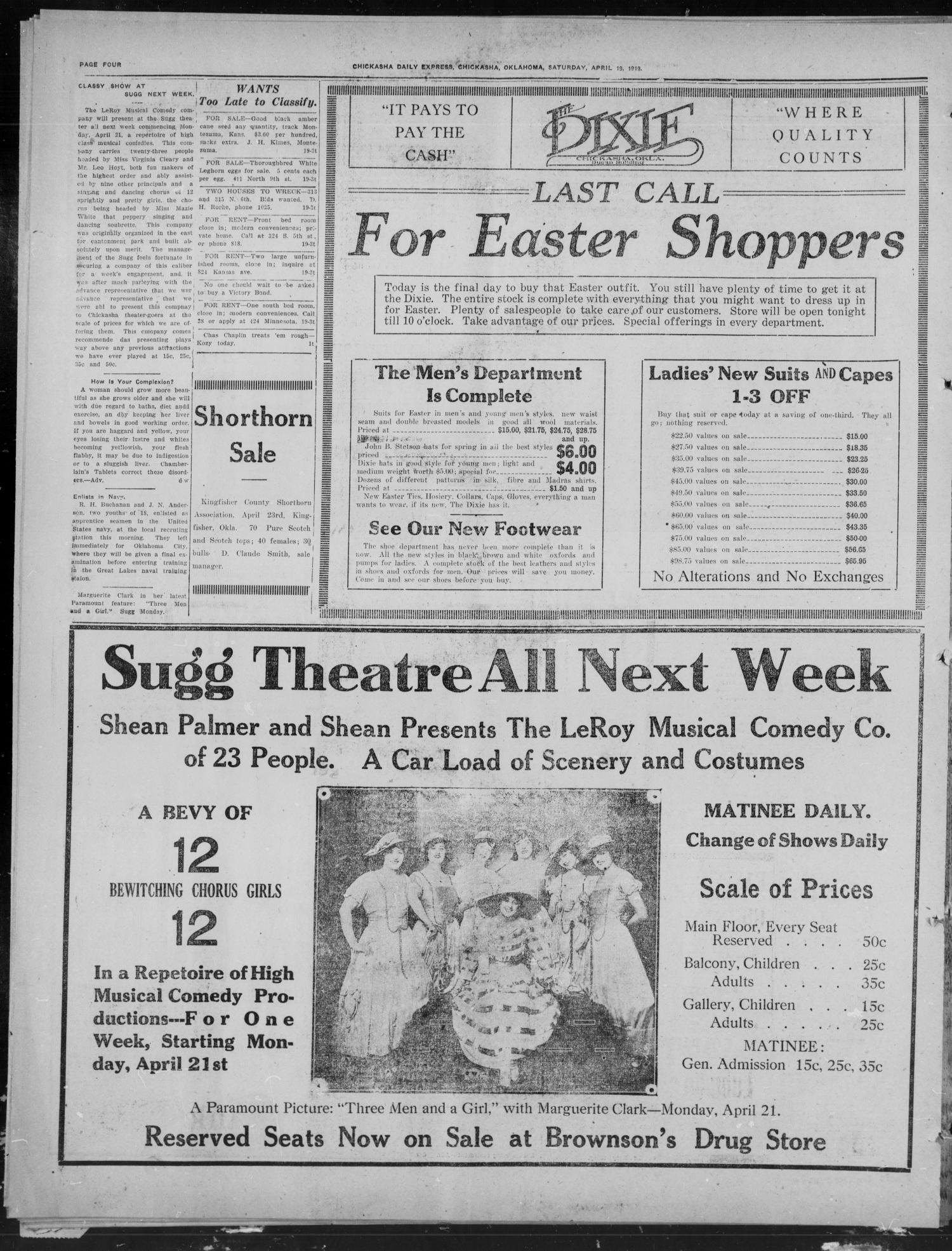 Chickasha Daily Express (Chickasha, Okla.), Vol. 20, No. 94, Ed. 1 Saturday, April 19, 1919
                                                
                                                    [Sequence #]: 4 of 8
                                                
