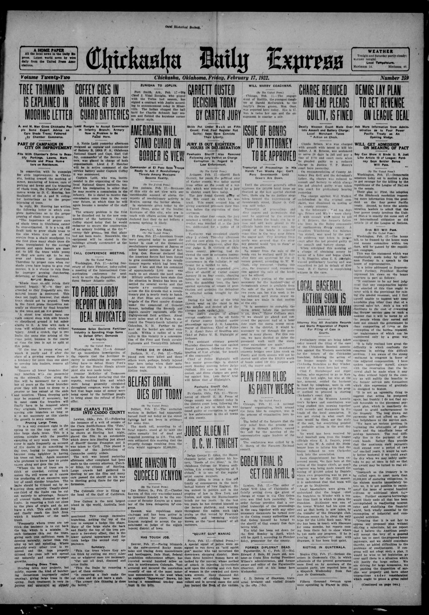 Chickasha Daily Express (Chickasha, Okla.), Vol. 22, No. 259, Ed. 1 Friday, February 17, 1922
                                                
                                                    [Sequence #]: 1 of 8
                                                