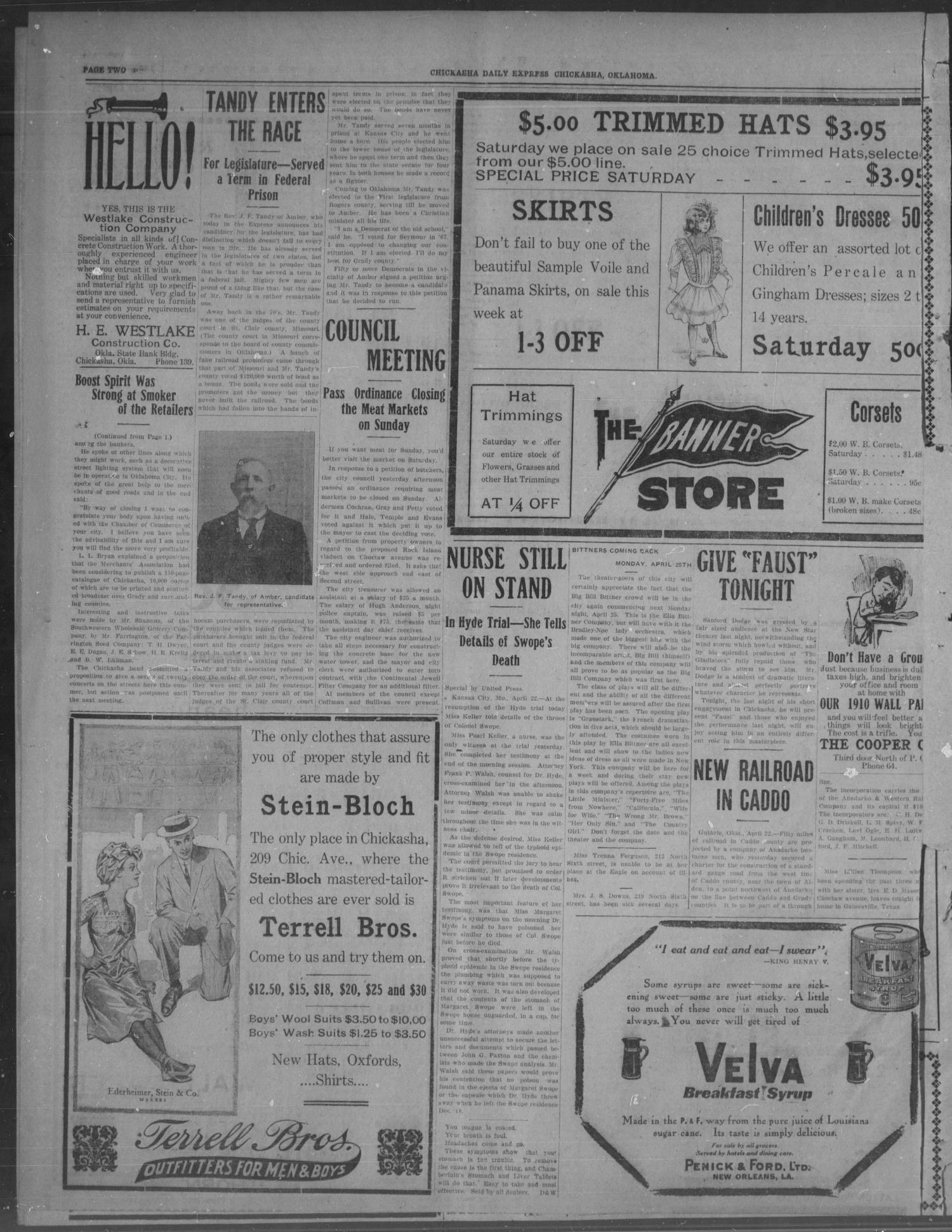Chickasha Daily Express. (Chickasha, Okla.), Vol. 11, No. 97, Ed. 1 Friday, April 22, 1910
                                                
                                                    [Sequence #]: 2 of 10
                                                