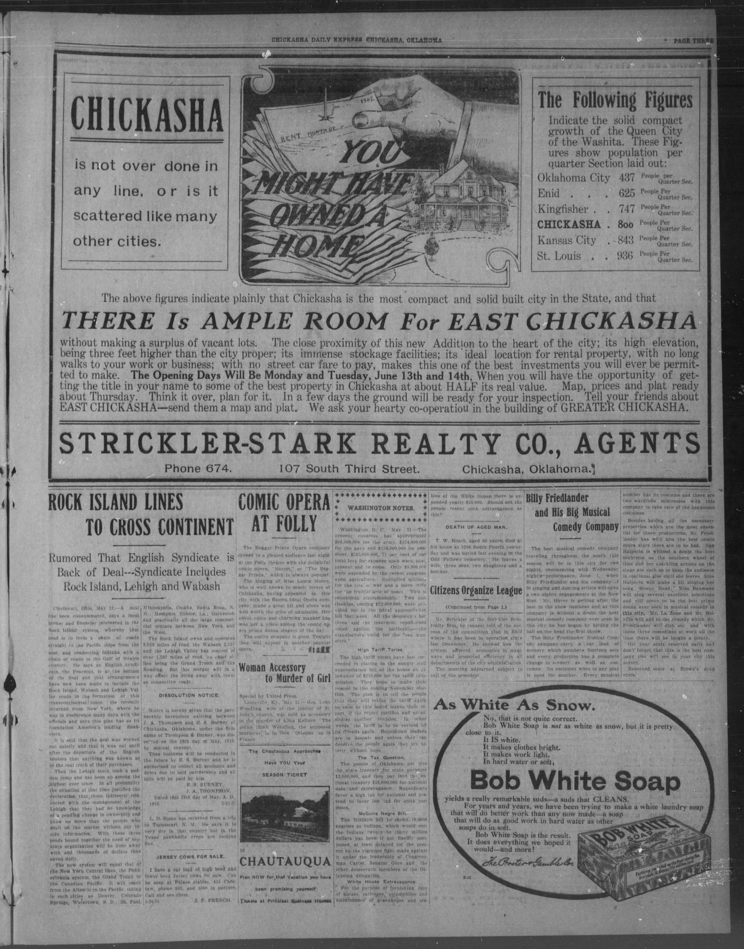 Chickasha Daily Express. (Chickasha, Okla.), Vol. 11, No. 130, Ed. 1 Tuesday, May 31, 1910
                                                
                                                    [Sequence #]: 3 of 8
                                                