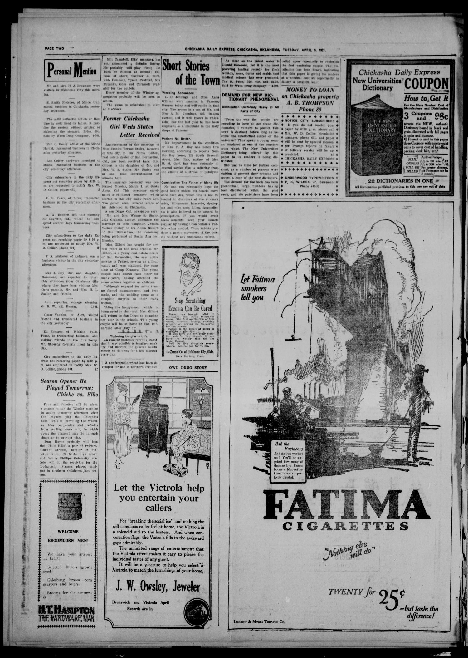 Chickasha Daily Express (Chickasha, Okla.), Vol. 22, No. 81, Ed. 1 Tuesday, April 5, 1921
                                                
                                                    [Sequence #]: 2 of 8
                                                