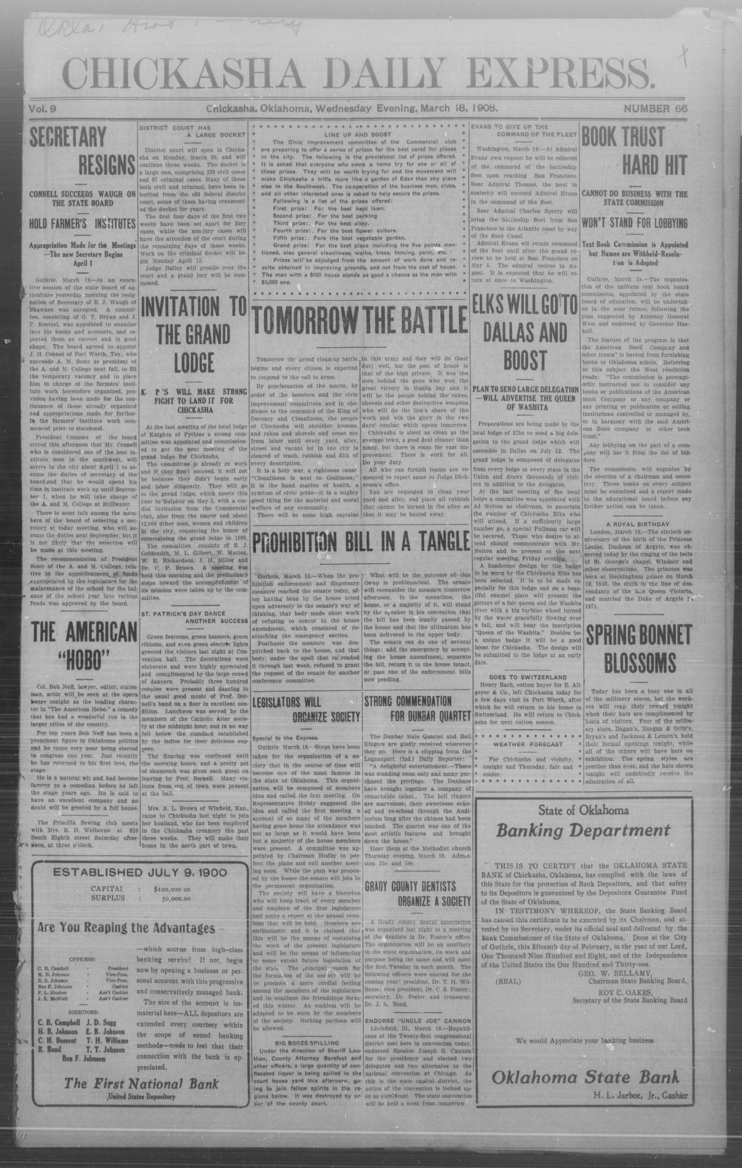 Chickasha Daily Express. (Chickasha, Okla.), Vol. 9, No. 66, Ed. 1 Wednesday, March 18, 1908
                                                
                                                    [Sequence #]: 1 of 8
                                                