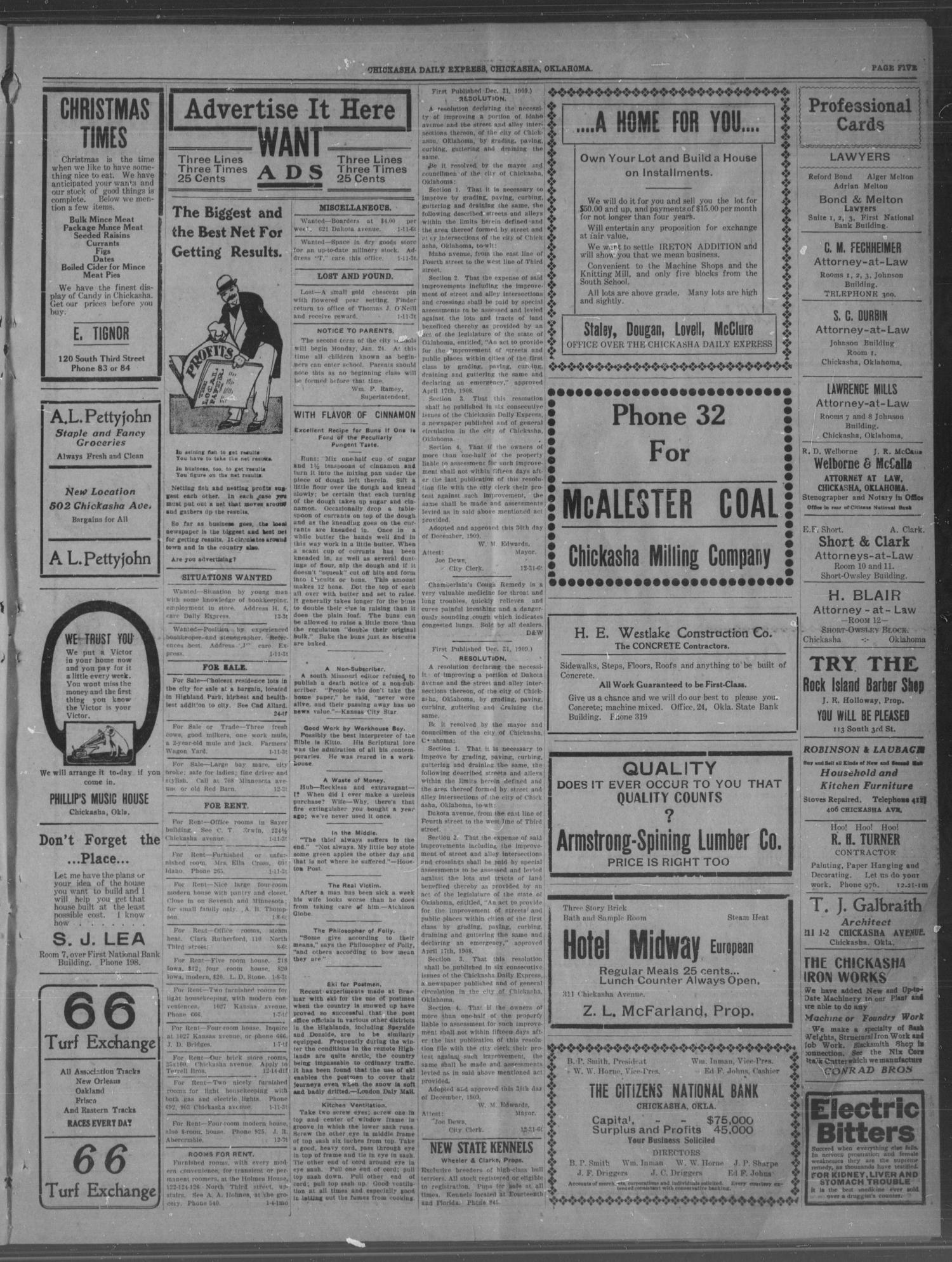 Chickasha Daily Express. (Chickasha, Okla.), Vol. 11, No. 11, Ed. 1 Thursday, January 13, 1910
                                                
                                                    [Sequence #]: 5 of 6
                                                