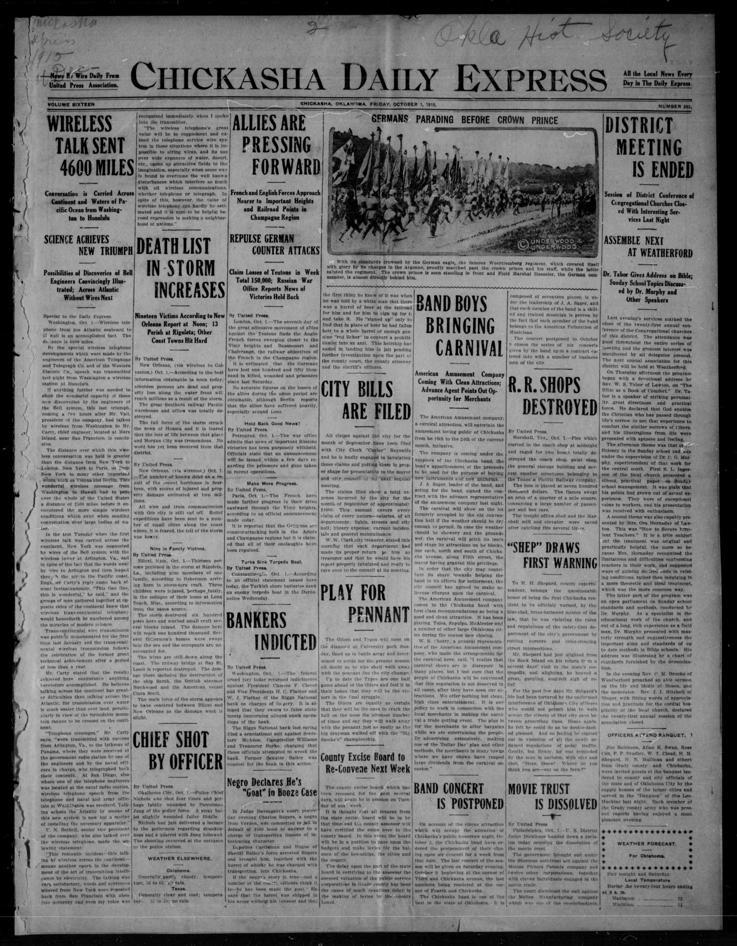 Chickasha Daily Express (Chickasha, Okla.), Vol. SIXTEEN, No. 263, Ed. 1 Friday, October 1, 1915
                                                
                                                    [Sequence #]: 1 of 8
                                                