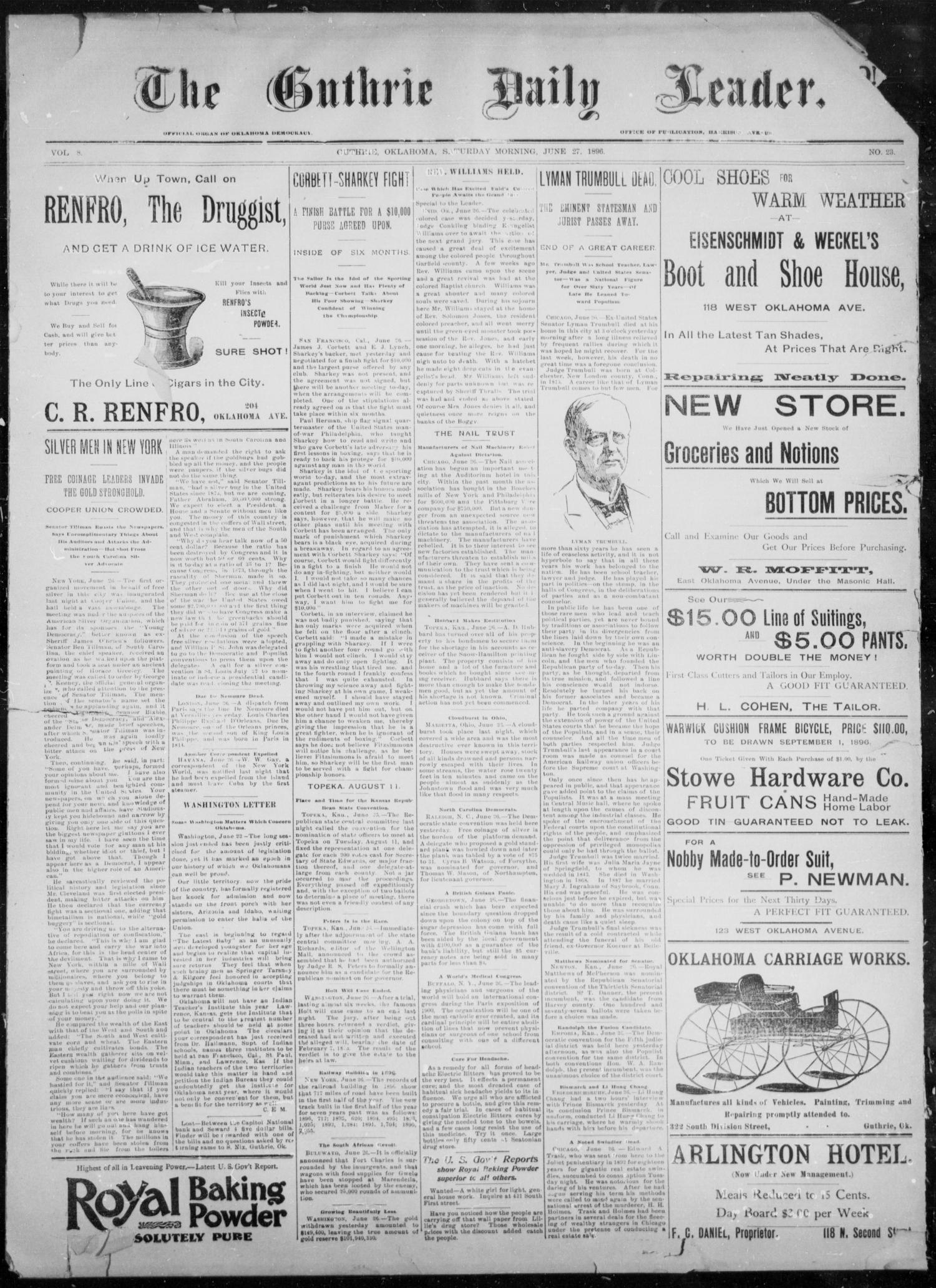 The Guthrie Daily Leader. (Guthrie, Okla.), Vol. 8, No. 23, Ed. 1, Saturday, June 27, 1896
                                                
                                                    [Sequence #]: 1 of 4
                                                