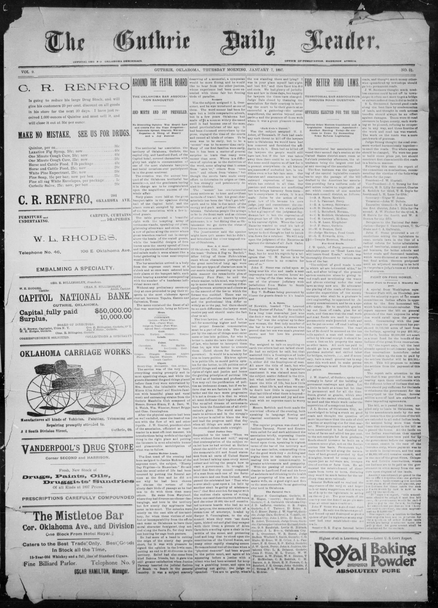 The Guthrie Daily Leader. (Guthrie, Okla.), Vol. 9, No. 31, Ed. 1, Thursday, January 7, 1897
                                                
                                                    [Sequence #]: 1 of 4
                                                