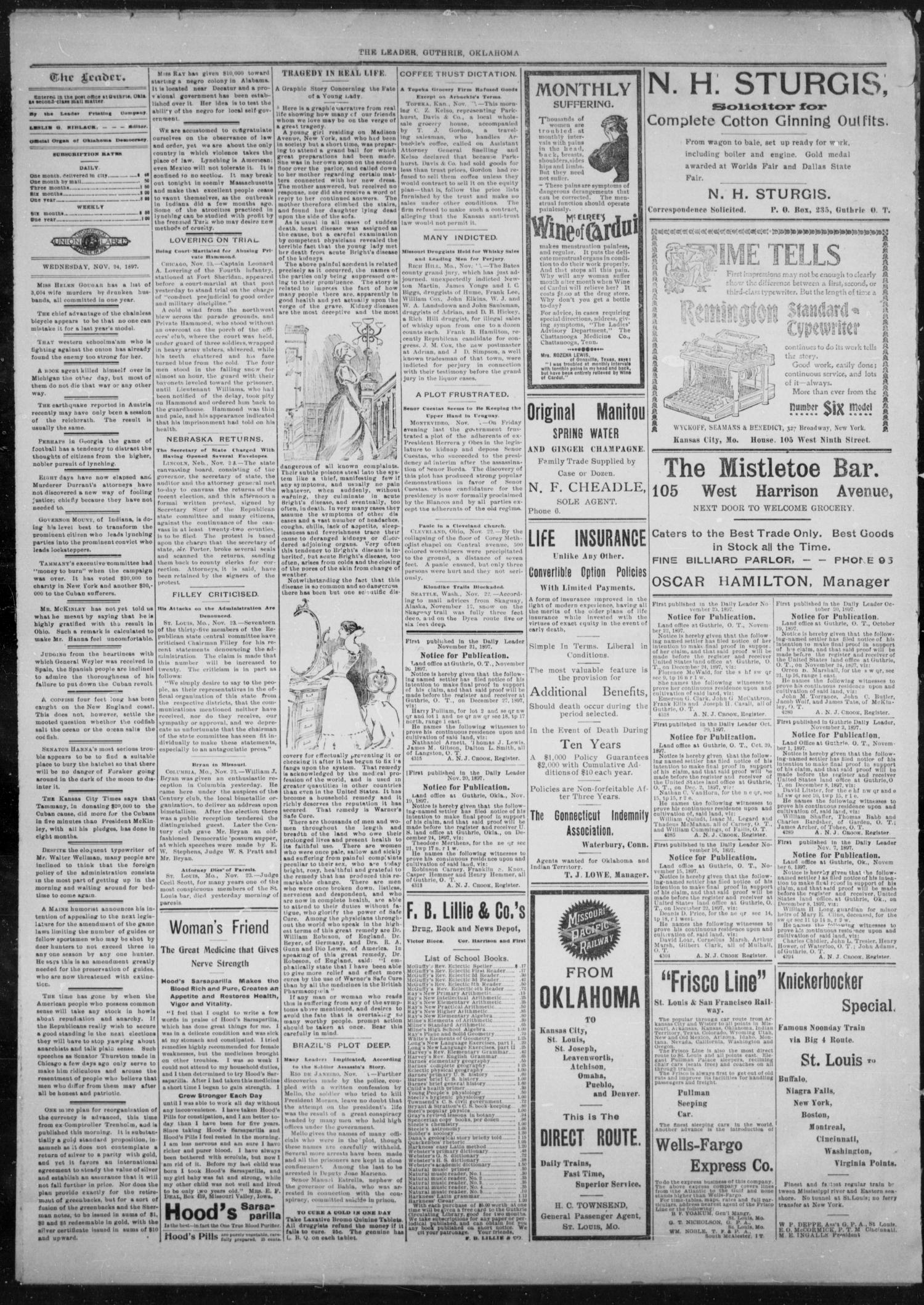The Guthrie Daily Leader. (Guthrie, Okla.), Vol. 10, No. 150, Ed. 1, Wednesday, November 24, 1897
                                                
                                                    [Sequence #]: 2 of 4
                                                