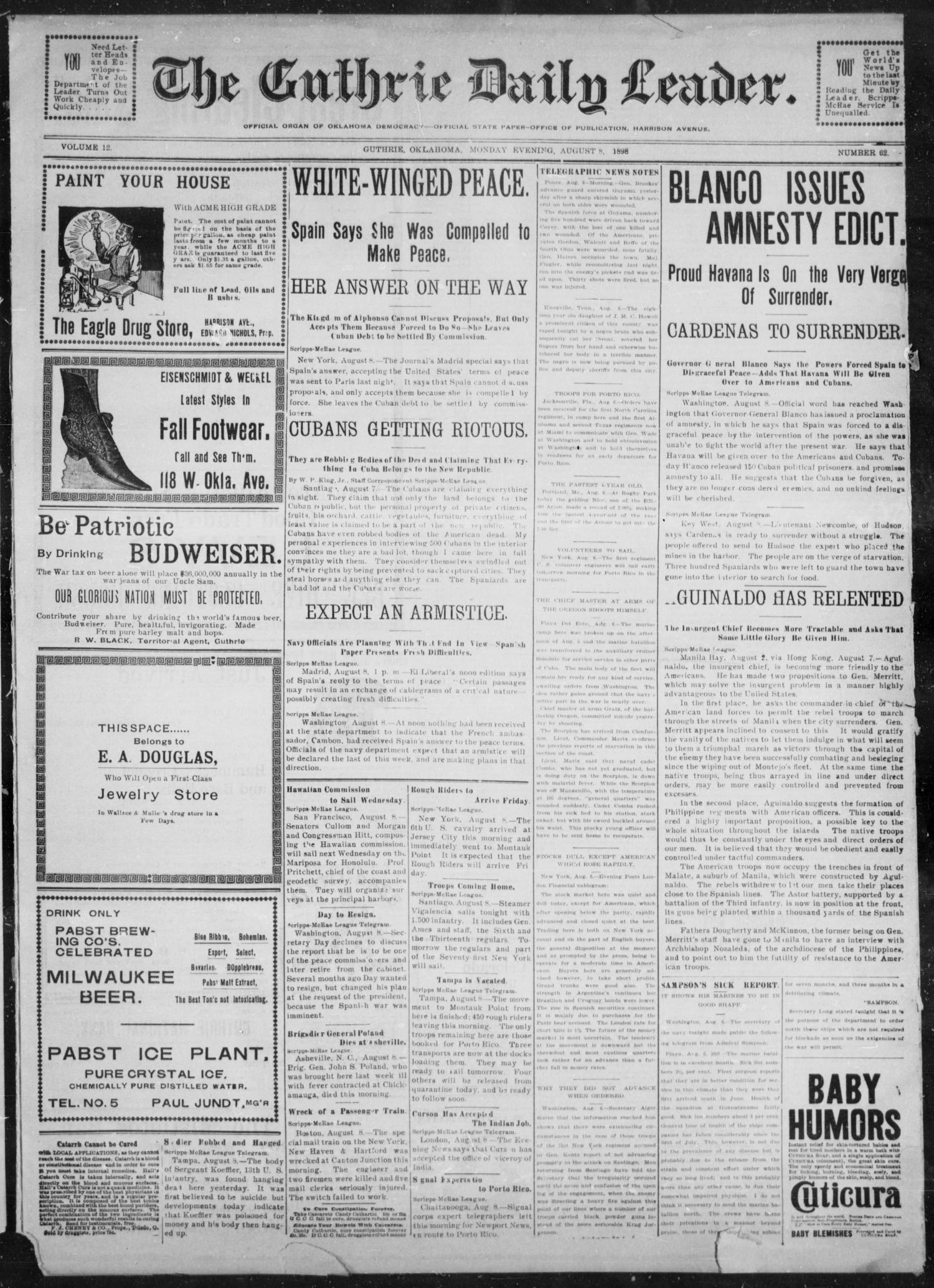The Guthrie Daily Leader. (Guthrie, Okla.), Vol. 12, No. 62, Ed. 1, Monday, August 8, 1898
                                                
                                                    [Sequence #]: 1 of 4
                                                