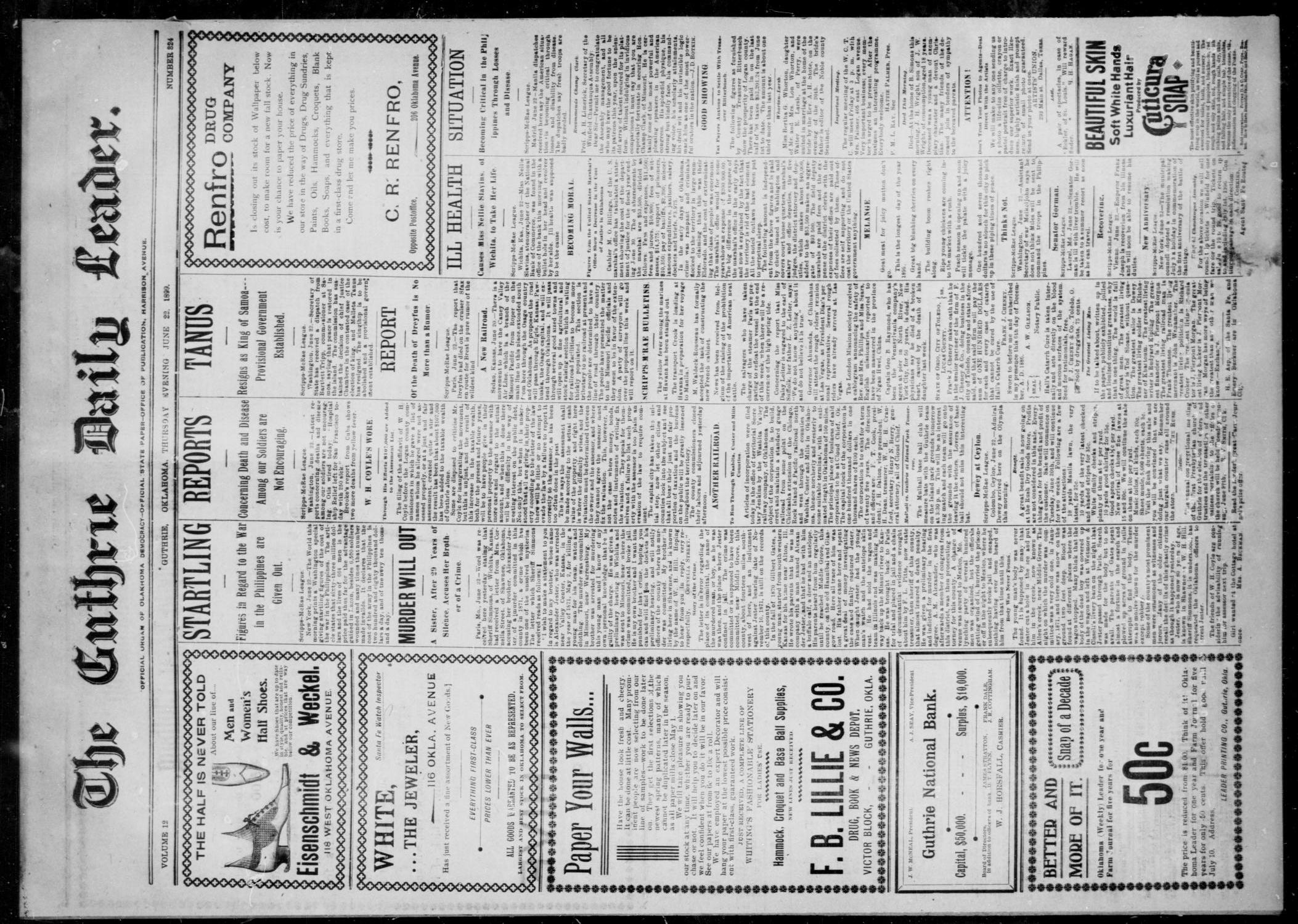 The Guthrie Daily Leader. (Guthrie, Okla.), Vol. 12, No. 324, Ed. 1, Thursday, June 22, 1899
                                                
                                                    [Sequence #]: 1 of 4
                                                