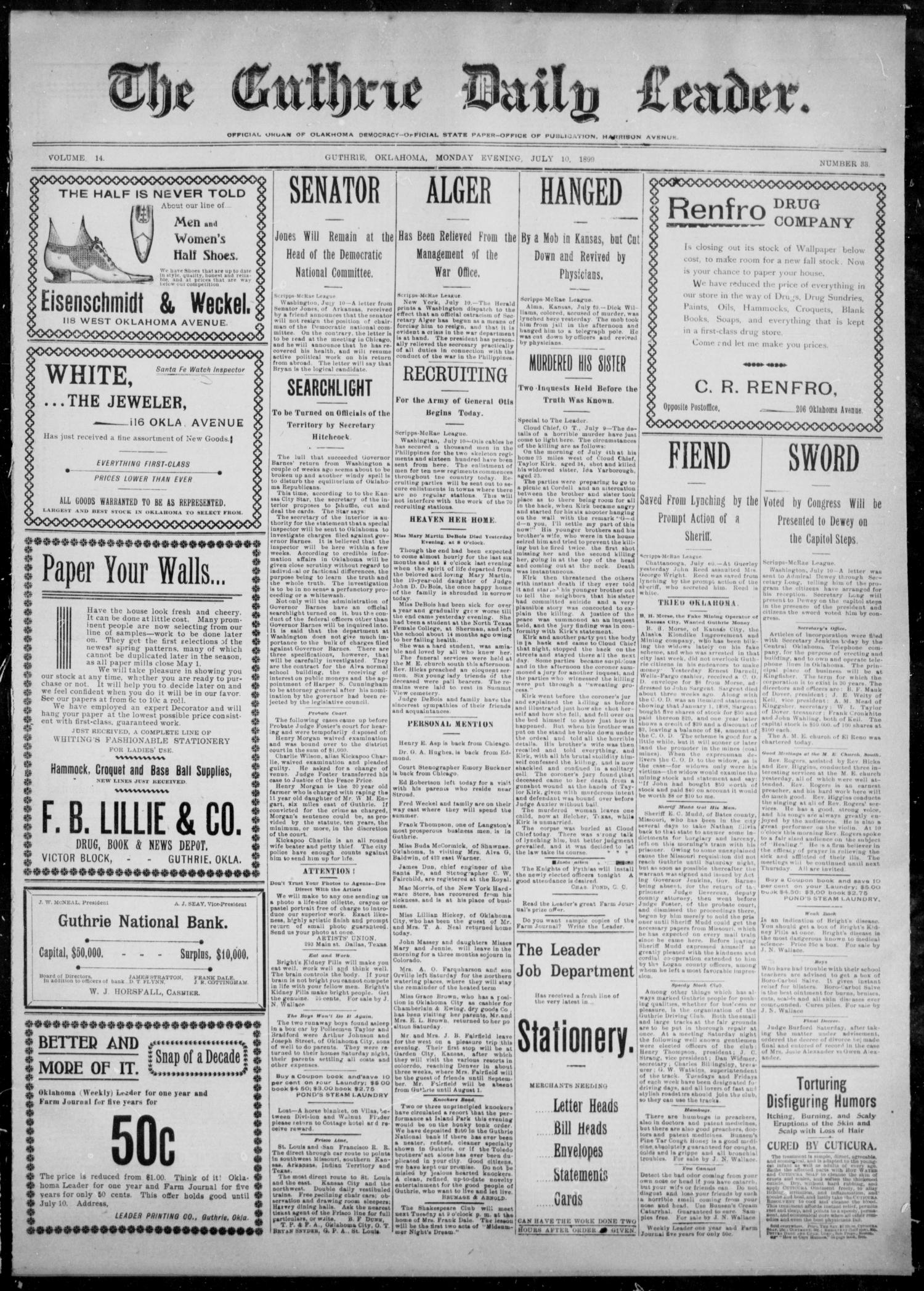 The Guthrie Daily Leader. (Guthrie, Okla.), Vol. 14, No. 33, Ed. 1, Monday, July 10, 1899
                                                
                                                    [Sequence #]: 1 of 4
                                                