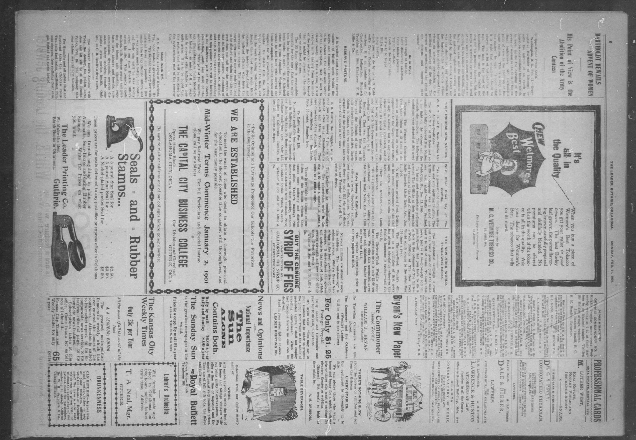 The Guthrie Daily Leader. (Guthrie, Okla.), Vol. 17, No. 64, Ed. 1, Monday, February 11, 1901
                                                
                                                    [Sequence #]: 6 of 8
                                                