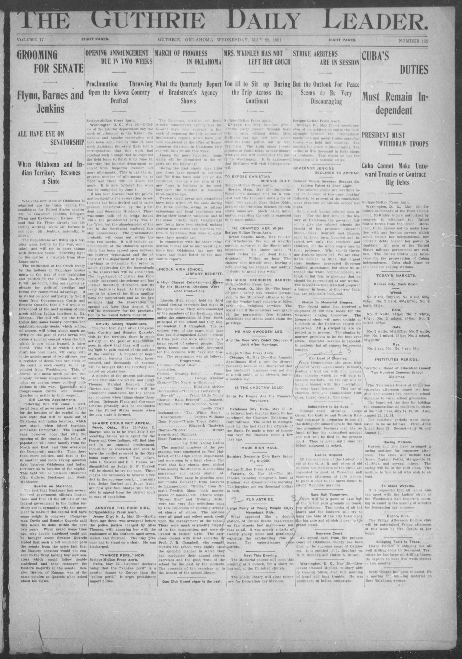 The Guthrie Daily Leader. (Guthrie, Okla.), Vol. 17, No. 152, Ed. 1, Wednesday, May 29, 1901
                                                
                                                    [Sequence #]: 1 of 8
                                                