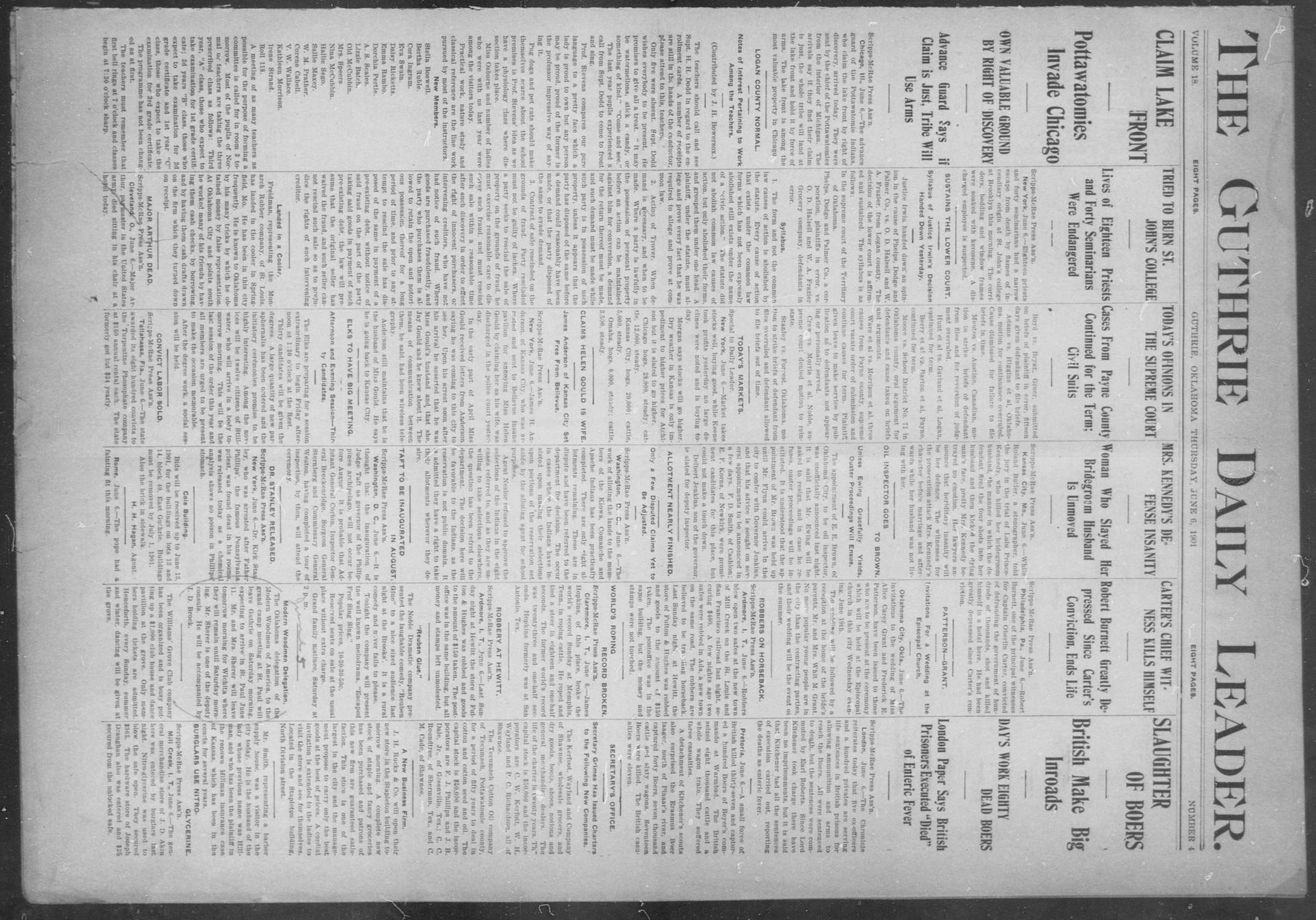 The Guthrie Daily Leader. (Guthrie, Okla.), Vol. 18, No. 4, Ed. 1, Thursday, June 6, 1901
                                                
                                                    [Sequence #]: 1 of 8
                                                