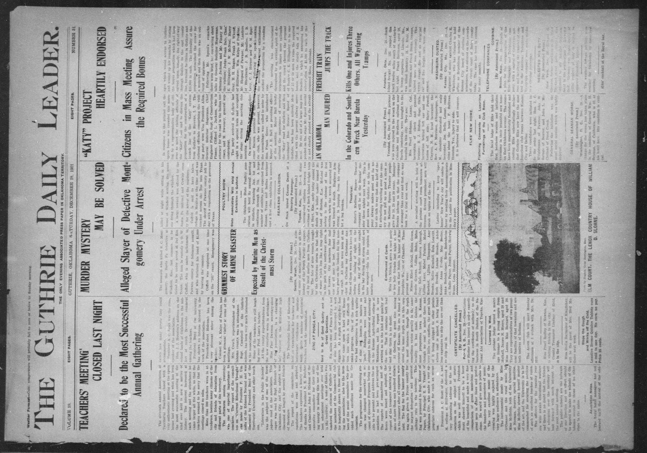 The Guthrie Daily Leader. (Guthrie, Okla.), Vol. 19, No. 31, Ed. 1, Saturday, December 28, 1901
                                                
                                                    [Sequence #]: 1 of 8
                                                