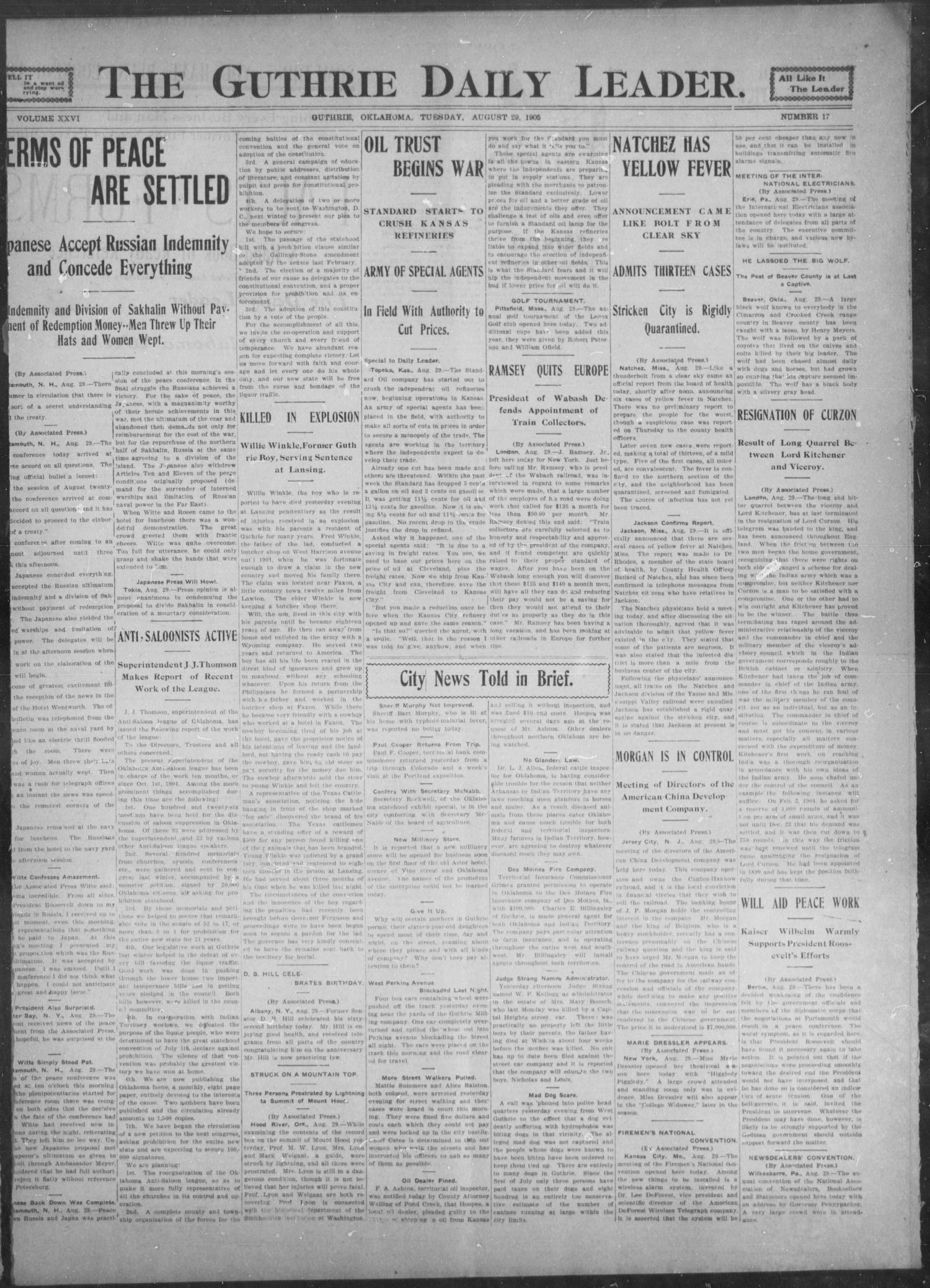 The Guthrie Daily Leader. (Guthrie, Okla.), Vol. 26, No. 17, Ed. 1, Tuesday, August 29, 1905
                                                
                                                    [Sequence #]: 1 of 8
                                                