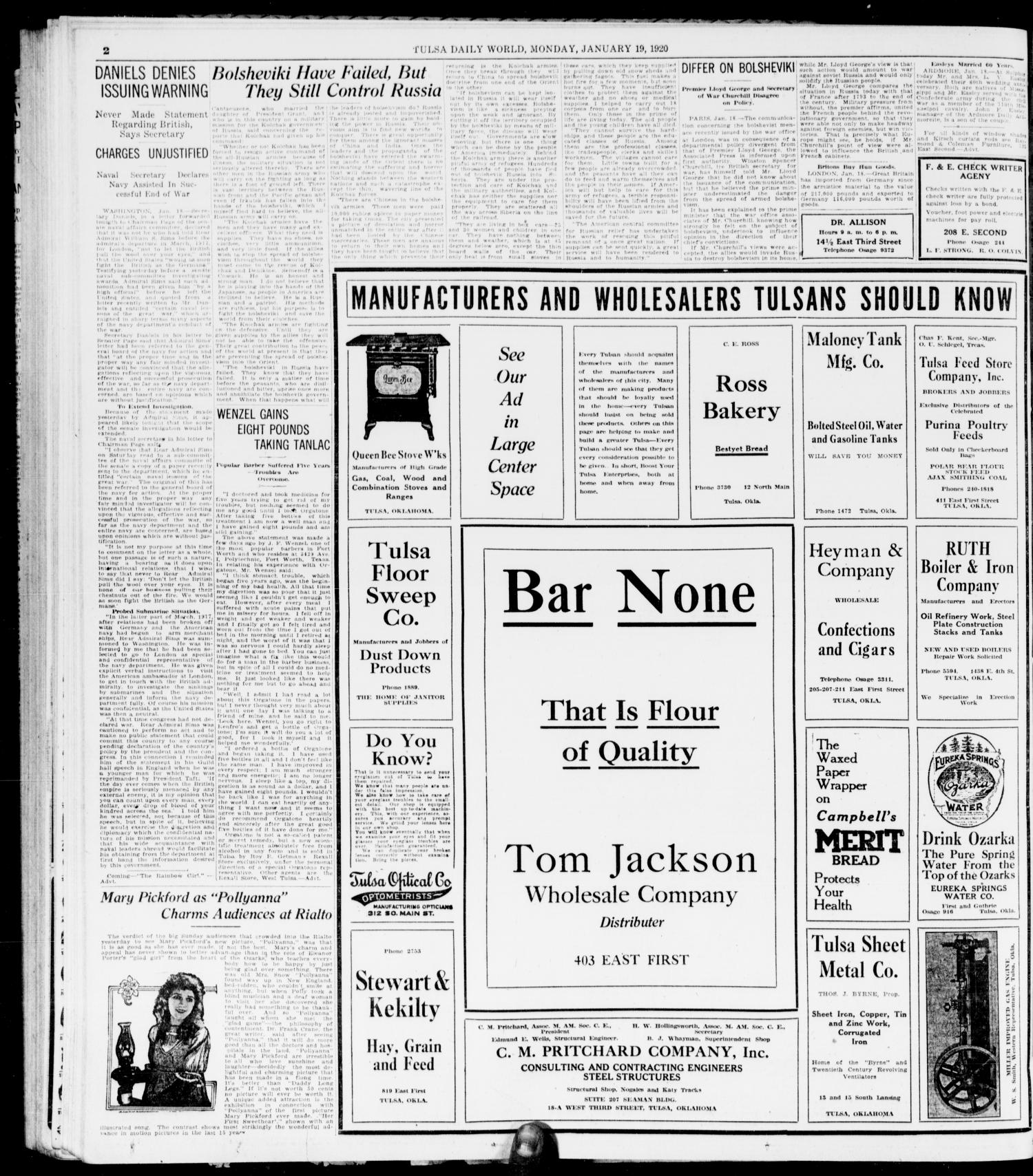 The Morning Tulsa Daily World (Tulsa, Okla.), Vol. 14, No. 113, Ed. 1, Monday, January 19, 1920
                                                
                                                    [Sequence #]: 2 of 12
                                                