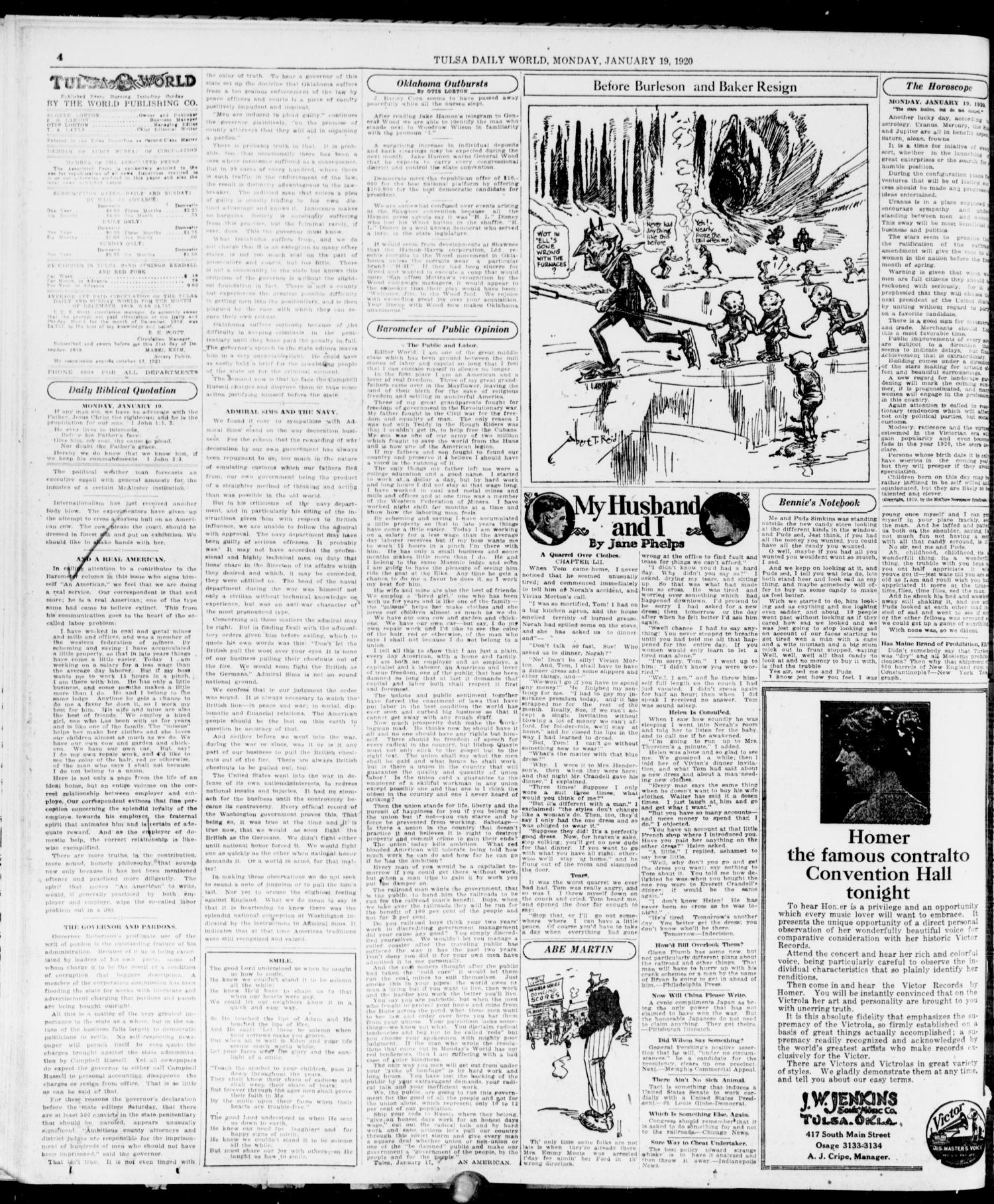 The Morning Tulsa Daily World (Tulsa, Okla.), Vol. 14, No. 113, Ed. 1, Monday, January 19, 1920
                                                
                                                    [Sequence #]: 4 of 12
                                                