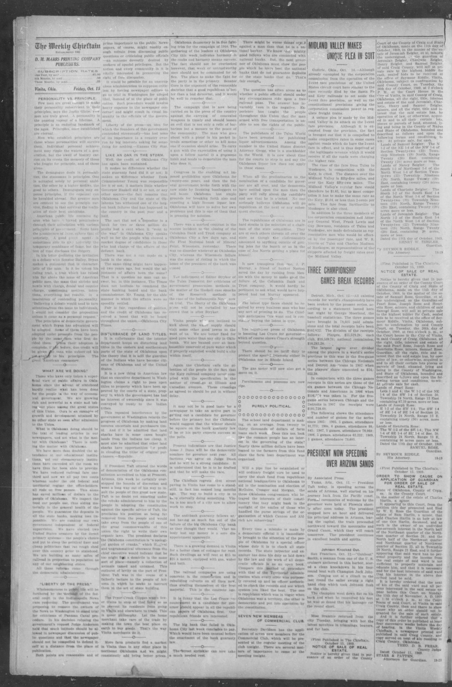 The Weekly Chieftain. (Vinita, Okla.), Vol. 27, No. 18, Ed. 1 Friday, October 15, 1909
                                                
                                                    [Sequence #]: 4 of 8
                                                