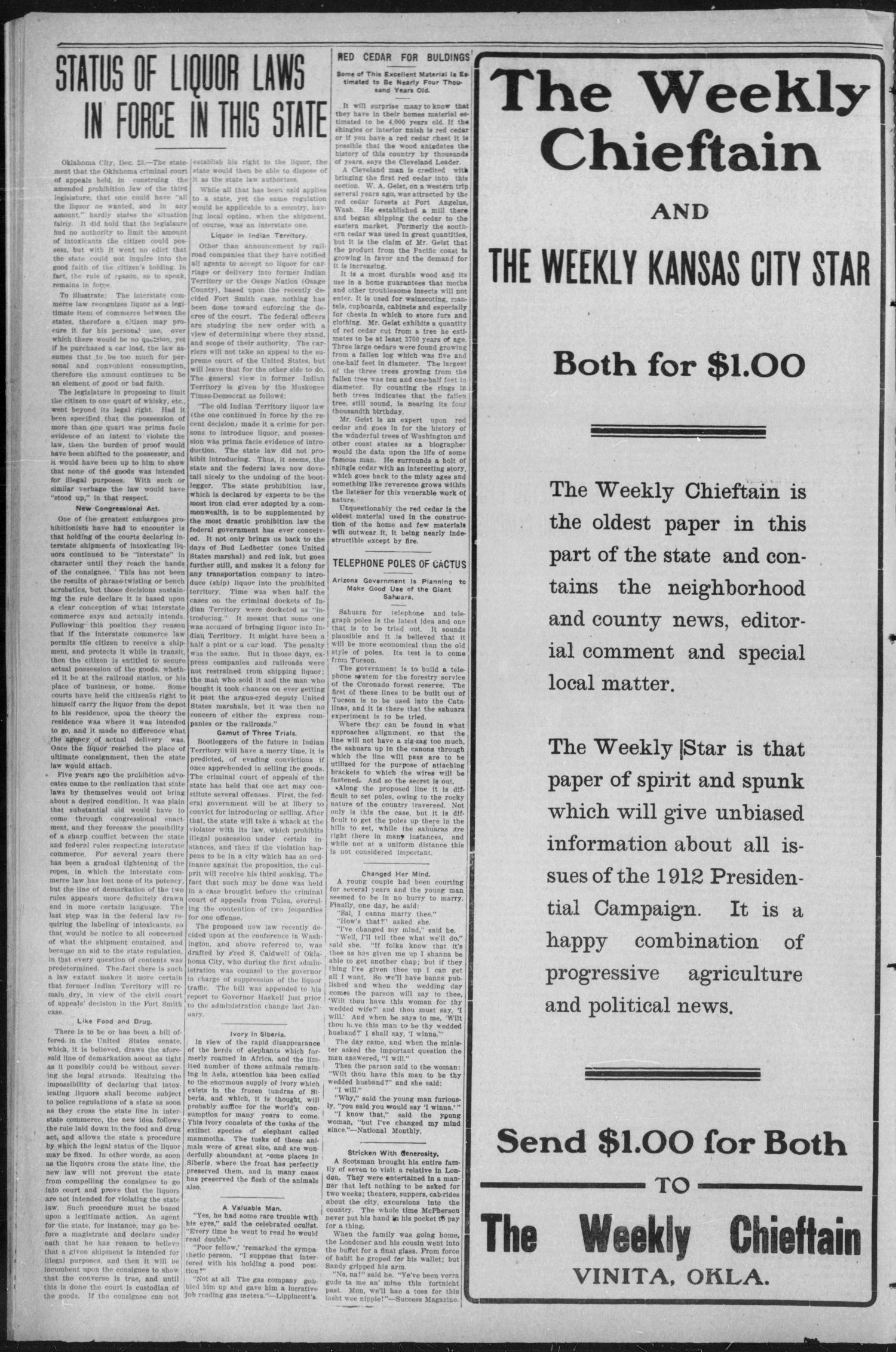The Weekly Chieftain. (Vinita, Okla.), Vol. 29, No. 17, Ed. 1 Friday, December 29, 1911
                                                
                                                    [Sequence #]: 2 of 8
                                                