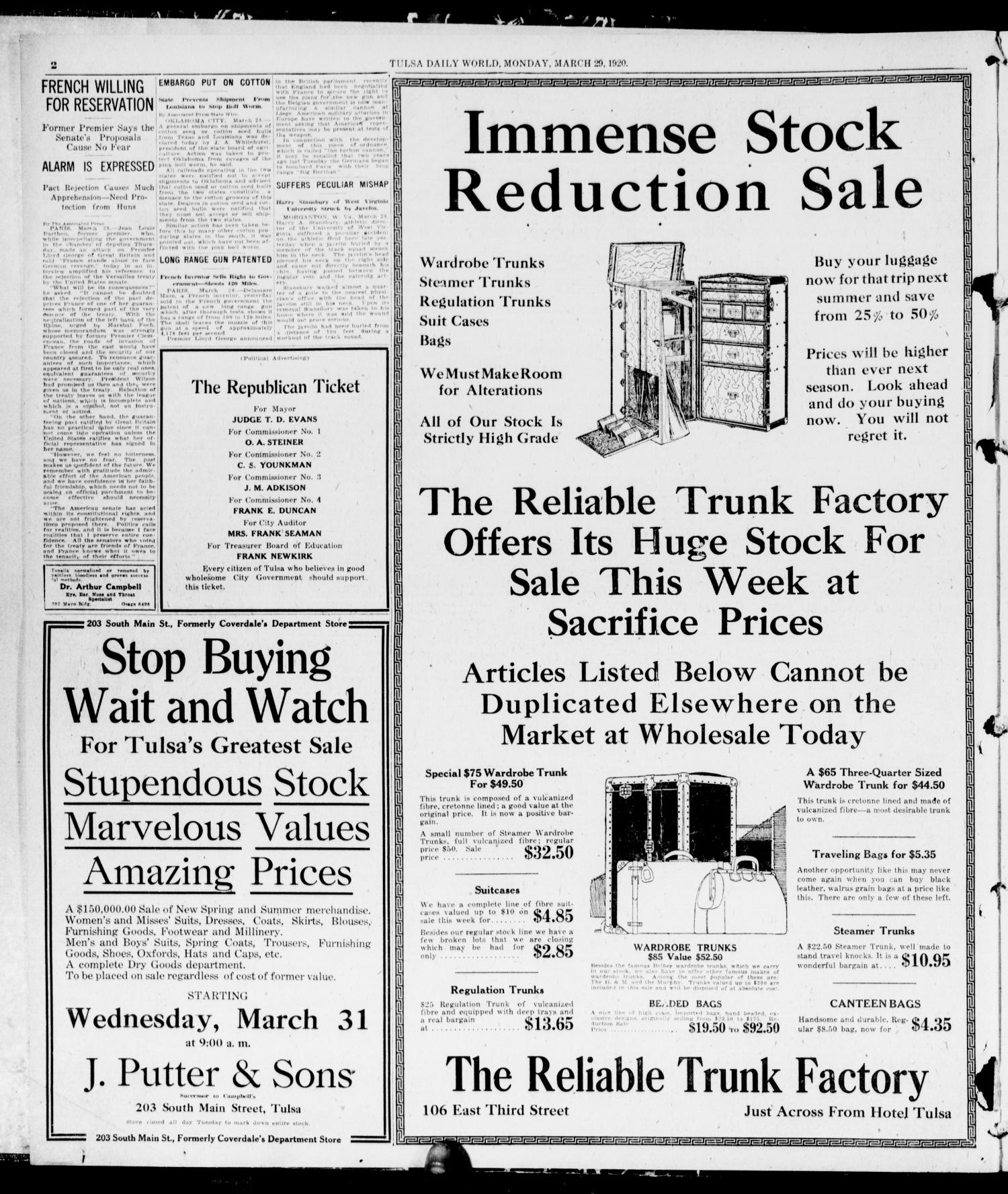 The Morning Tulsa Daily World (Tulsa, Okla.), Vol. 14, No. 184, Ed. 1, Monday, March 29, 1920
                                                
                                                    [Sequence #]: 2 of 12
                                                
