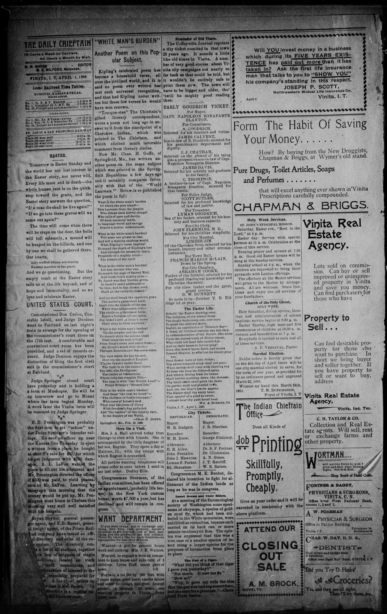 The Daily Chieftain. (Vinita, Indian Terr.), Vol. 1, No. 156, Ed. 1 Saturday, April 1, 1899
                                                
                                                    [Sequence #]: 2 of 4
                                                