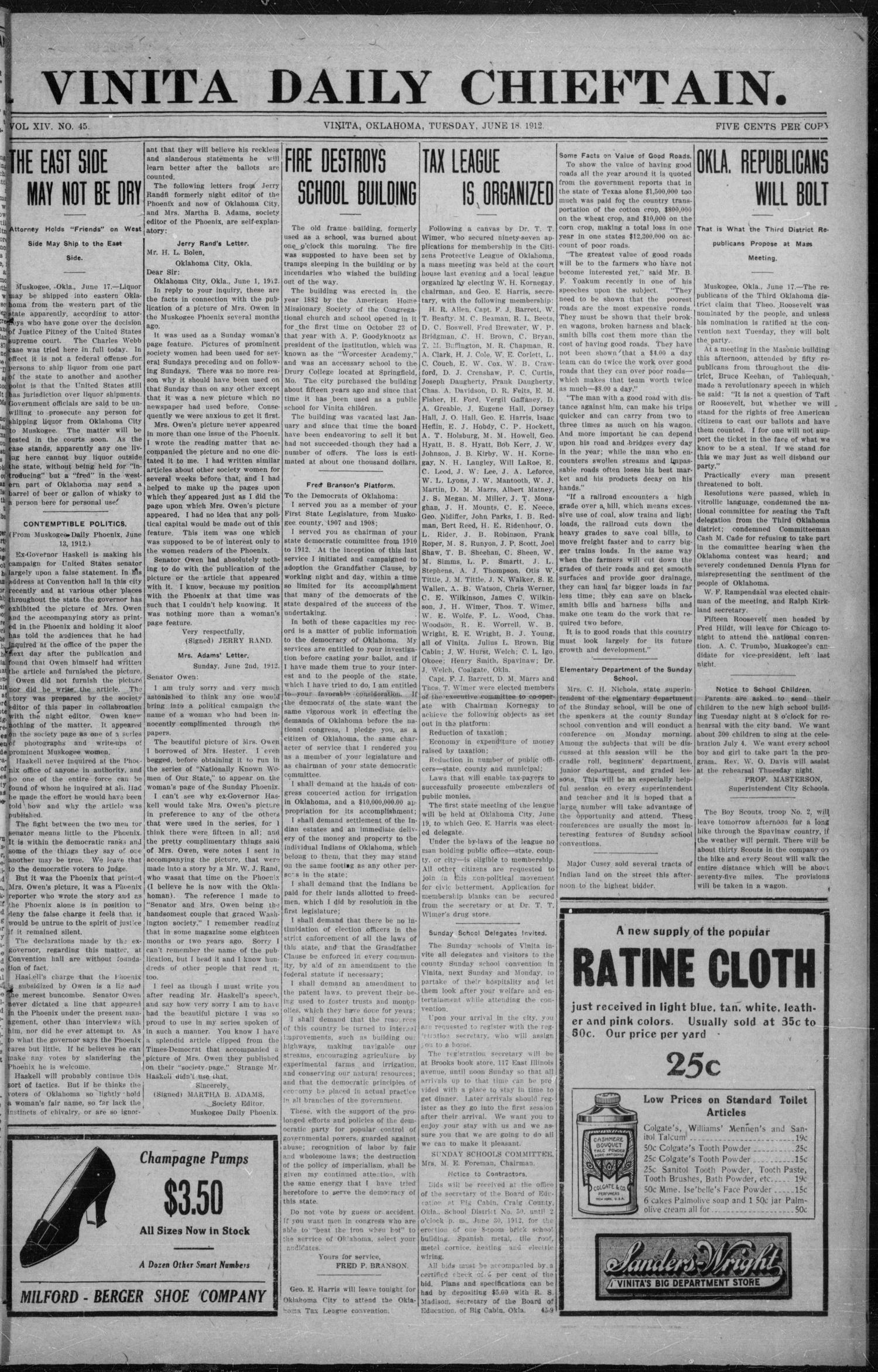 Vinita Daily Chieftain. (Vinita, Okla.), Vol. 14, No. 45, Ed. 1 Tuesday, June 18, 1912
                                                
                                                    [Sequence #]: 1 of 4
                                                