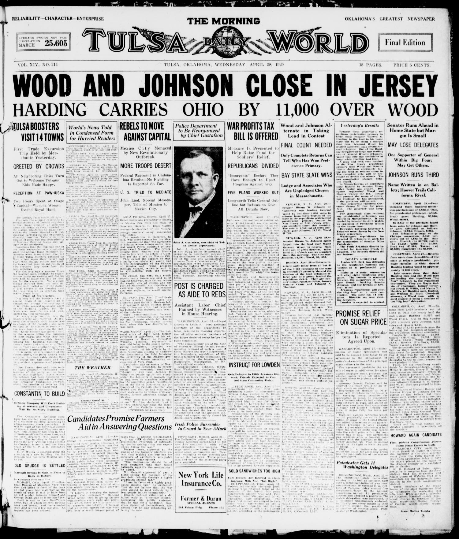 The Morning Tulsa Daily World (Tulsa, Okla.), Vol. 14, No. 214, Ed. 1, Wednesday, April 28, 1920
                                                
                                                    [Sequence #]: 1 of 18
                                                