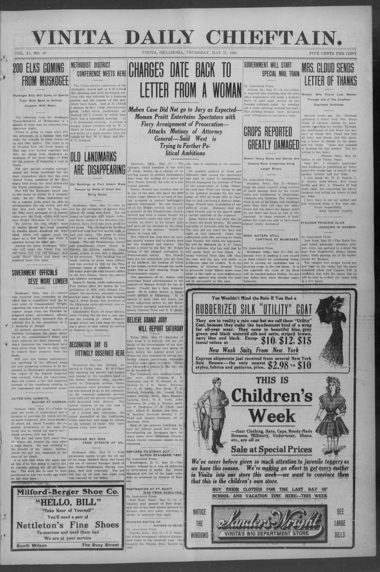 Vinita Daily Chieftain. (Vinita, Okla.), Vol. 11, No. 38, Ed. 1 Thursday, May 27, 1909
                                                
                                                    [Sequence #]: 1 of 4
                                                