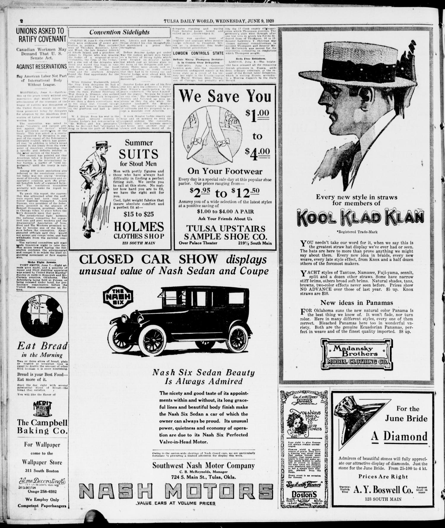 The Morning Tulsa Daily World (Tulsa, Okla.), Vol. 14, No. 256, Ed. 1, Wednesday, June 9, 1920
                                                
                                                    [Sequence #]: 2 of 20
                                                