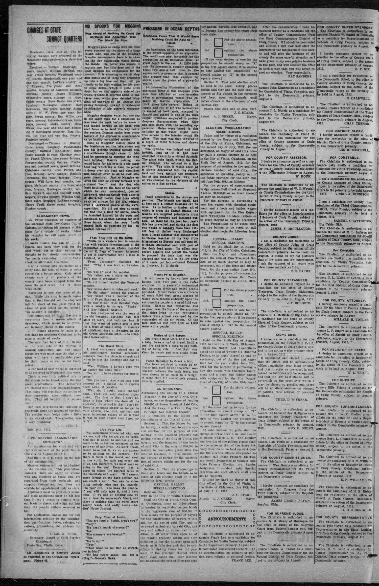 Vinita Daily Chieftain. (Vinita, Okla.), Vol. 14, No. 75, Ed. 1 Wednesday, July 24, 1912
                                                
                                                    [Sequence #]: 4 of 4
                                                